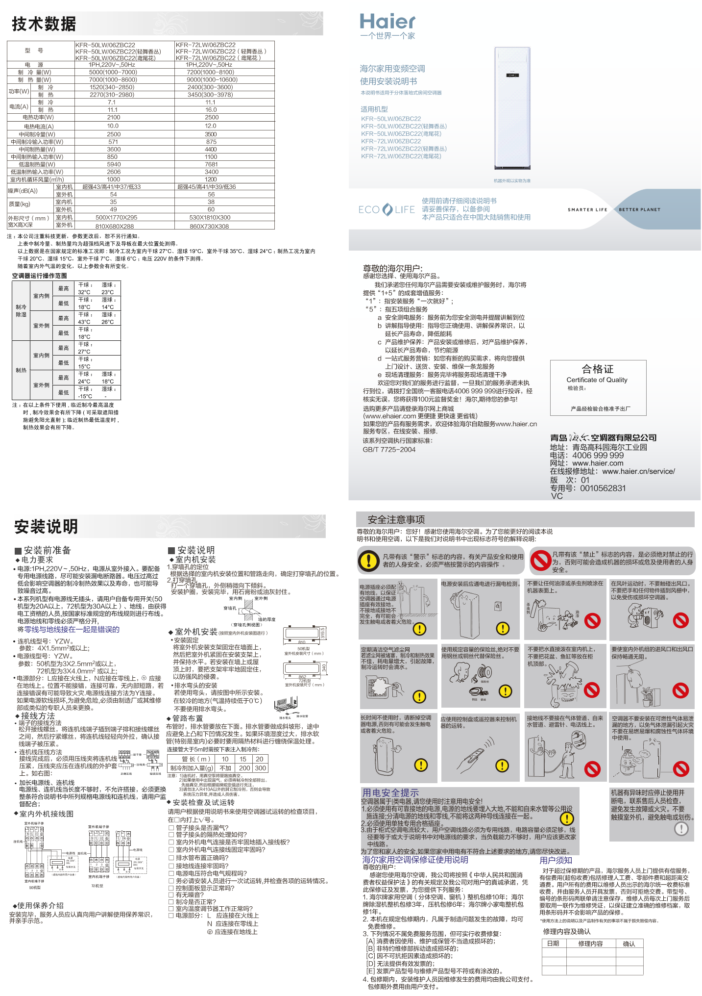 Haier海尔 轻舞香丛3匹无氟变频柜式空调 KFR-72LW 06ZBC22(鸢尾花) 使用安装说明书