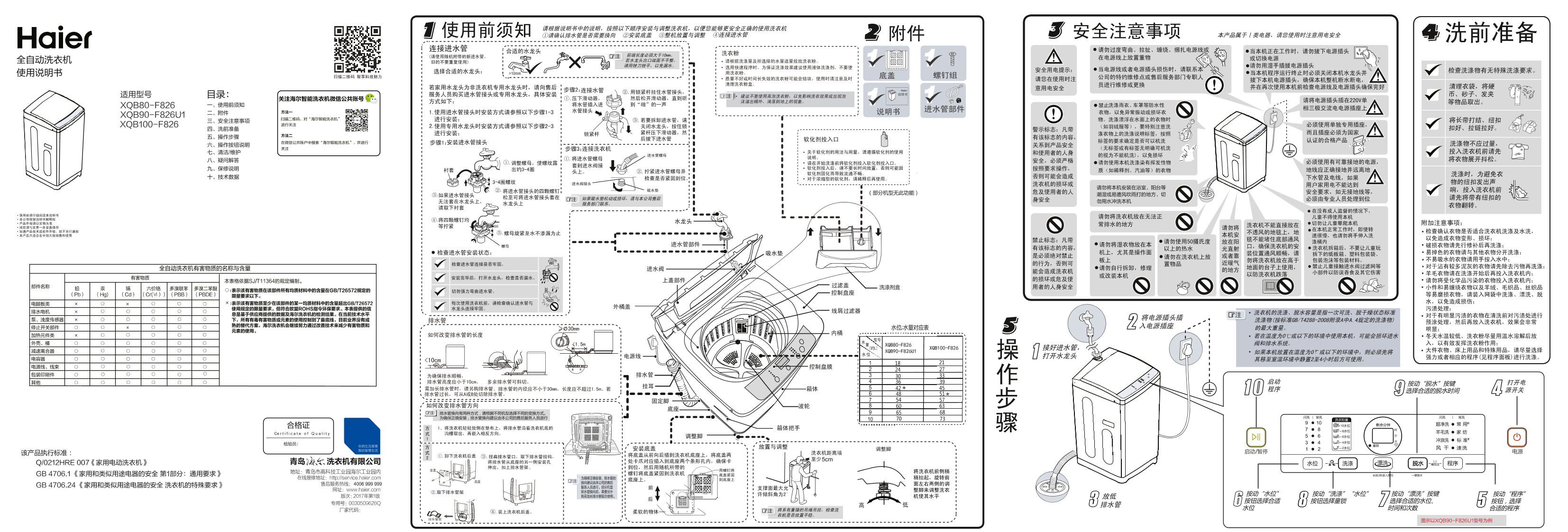 Haier海尔 10公斤幂动力波轮洗衣机 XQB100-F826 使用安装说明书