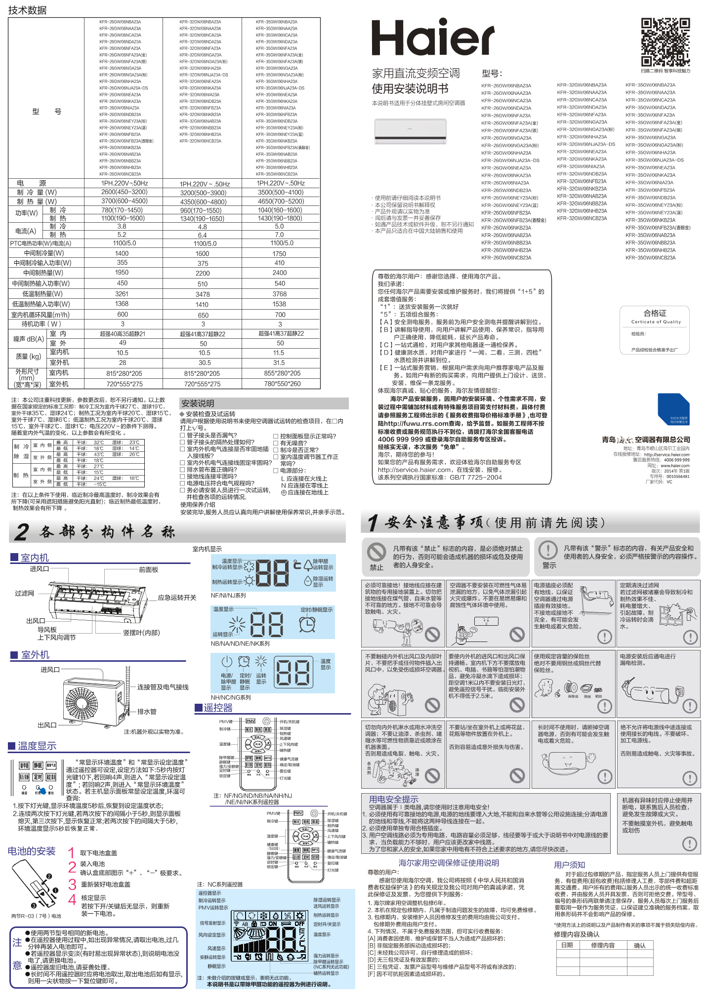 Haier海尔 劲风1.5匹变频壁挂式空调 KFR-35GW 06NFB23A 使用安装说明书