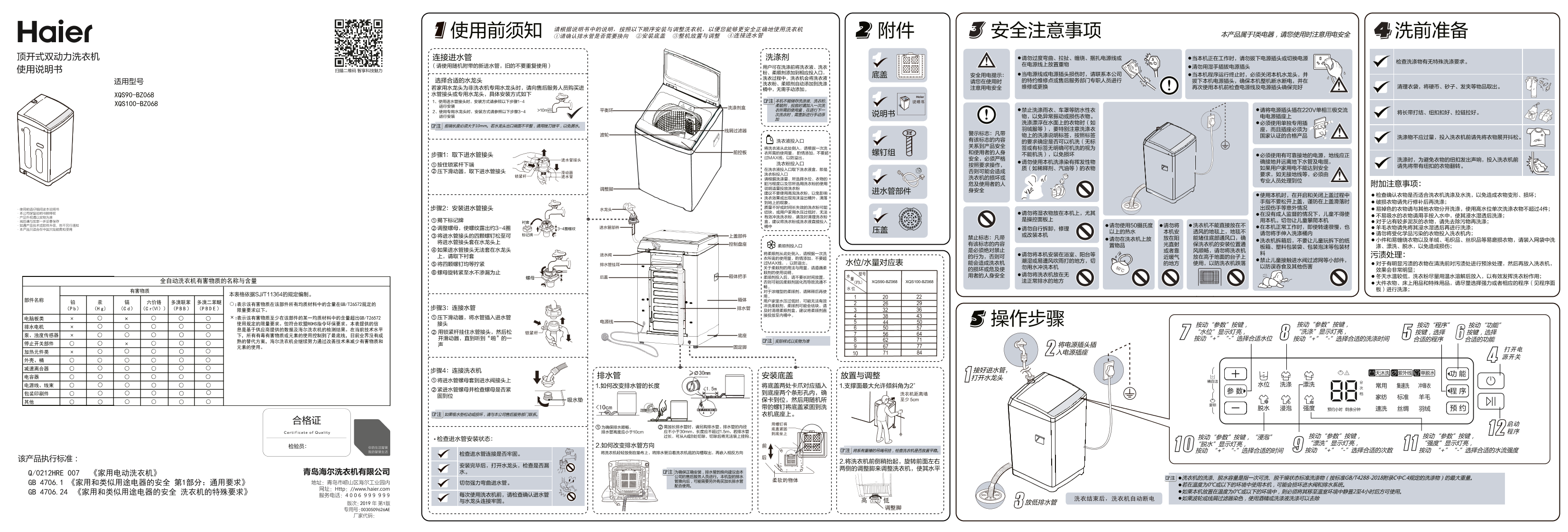 Haier海尔 9公斤双动力波轮洗衣机 XQS90-BZ068 使用安装说明书