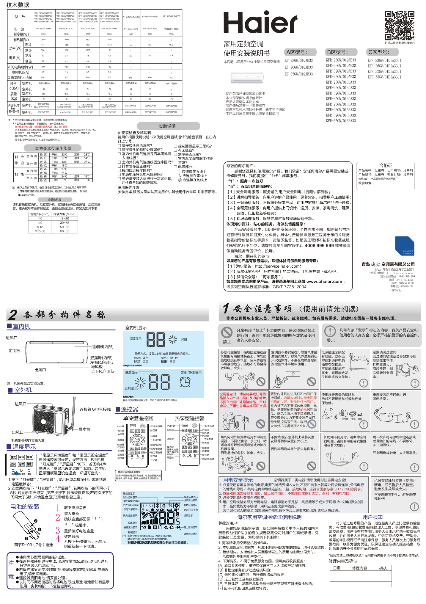 Haier海尔 节能风 1匹壁挂式定频空调 KFR-26GW 01BEA33 使用安装说明书