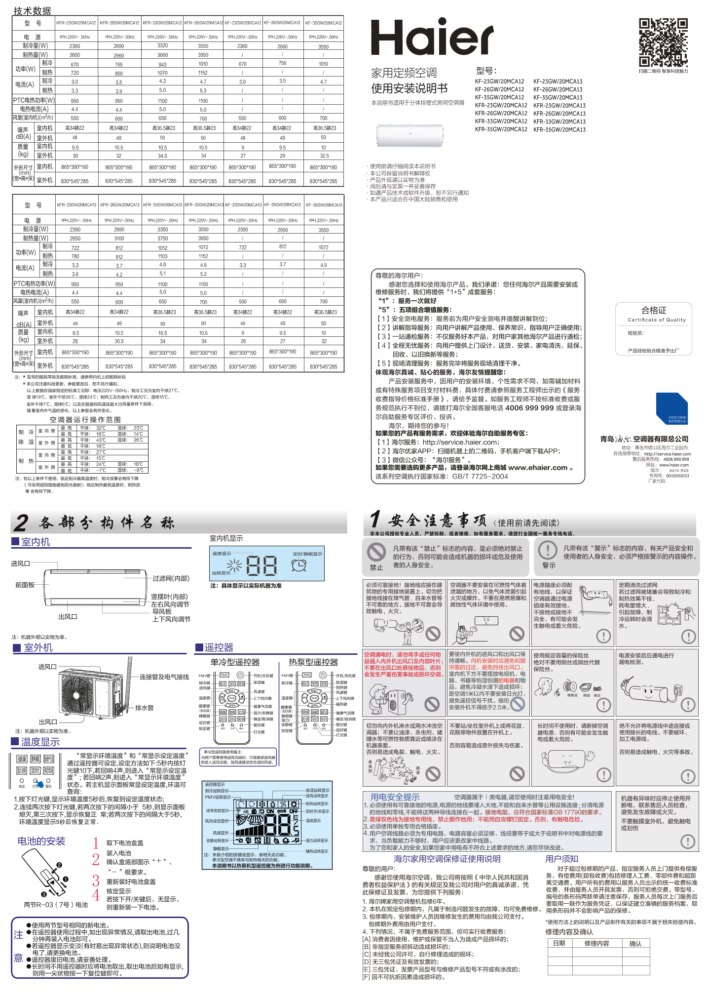 Haier海尔 MCA系列小1匹定频壁挂式空调 KFR-23GW 20MCA13 使用安装说明书