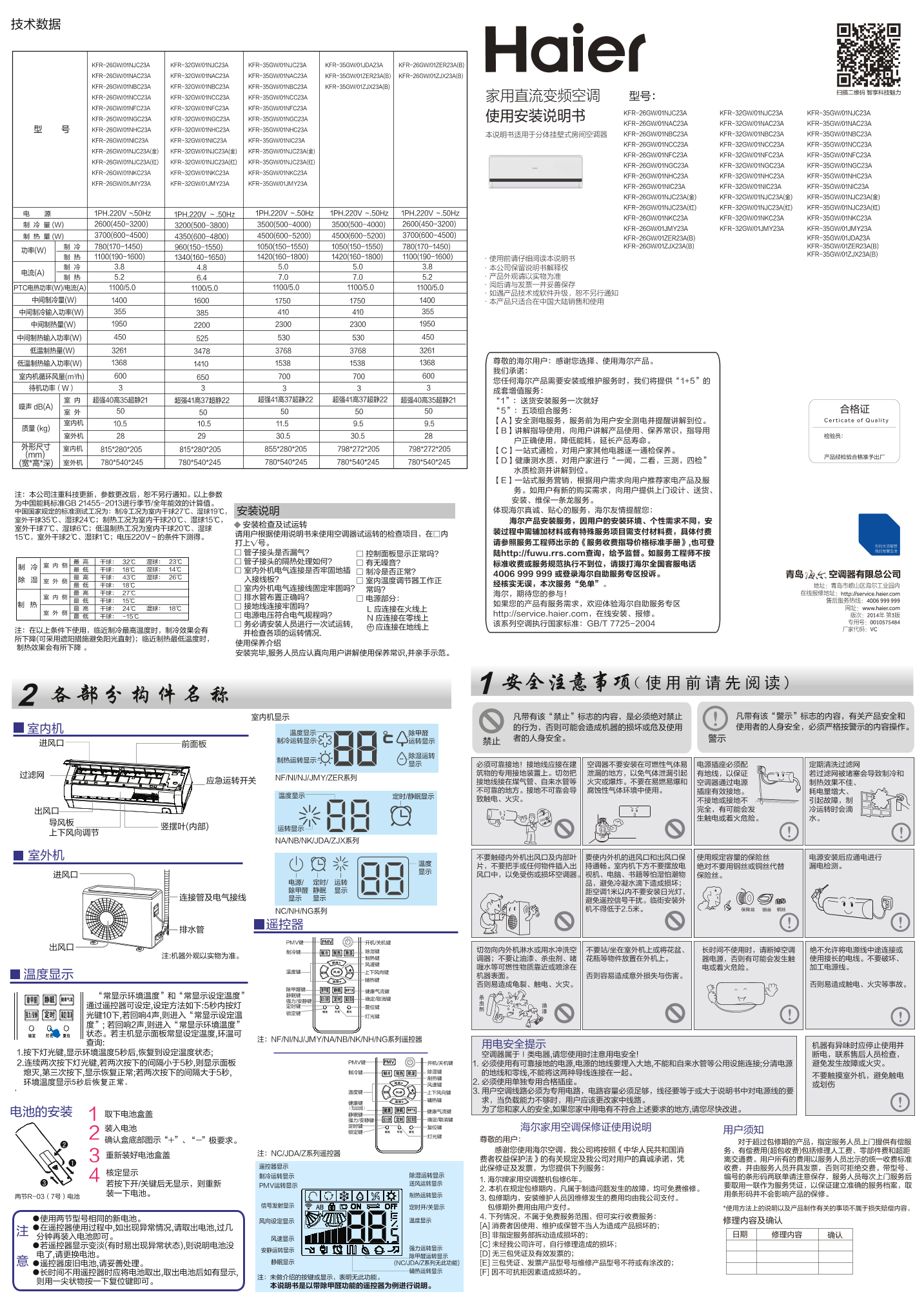 Haier海尔 ZJ系列1匹变频壁挂式空调 KFR-26GW 01ZJX23A(B) 使用安装说明书