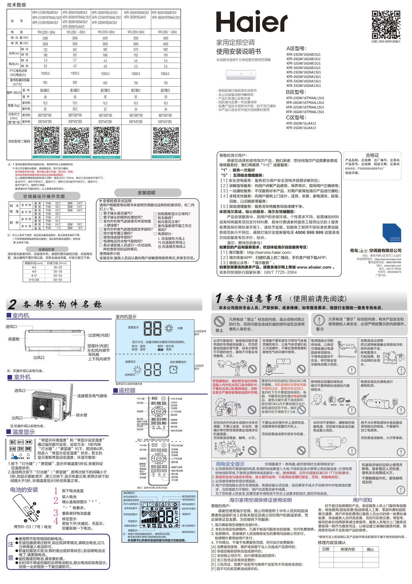 Haier海尔 悦+大1.5匹定频壁挂式空调 KFR-36GW 16GAB13U1 使用安装说明书