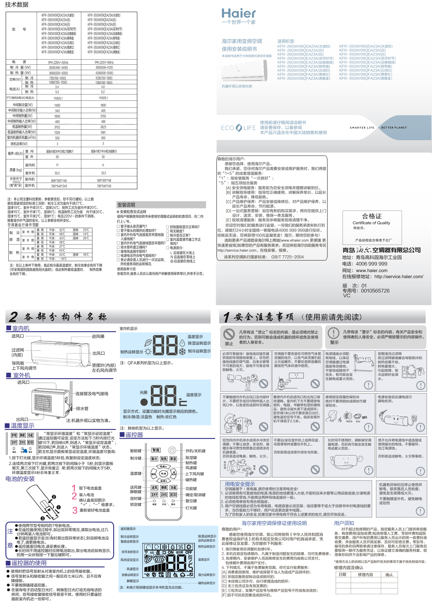 Haier海尔 超薄系列大1匹变频壁挂式空调 KFR-26GW 09QFA23A(典雅金) 使用安装说明书