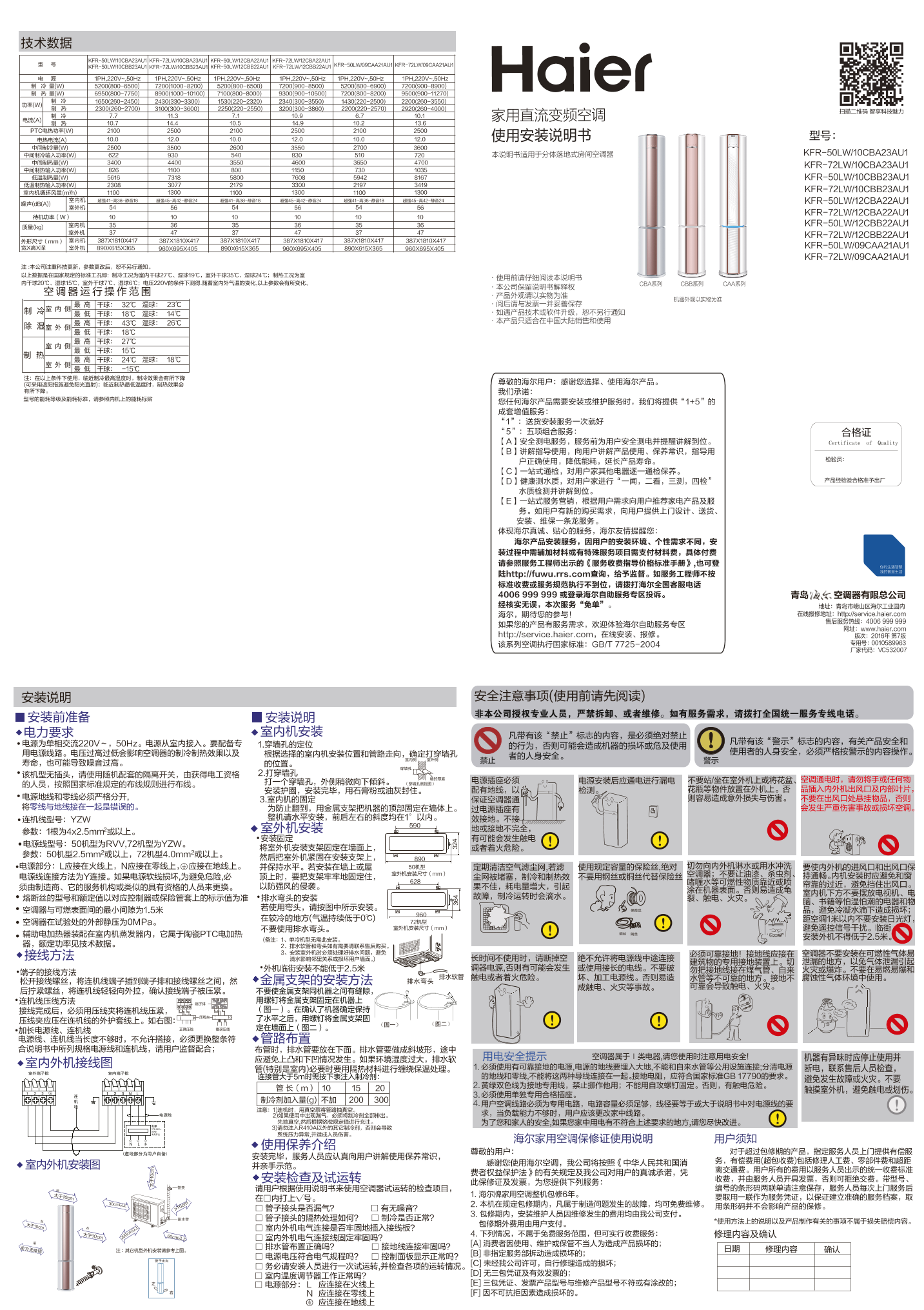 Haier海尔 帝樽·酷风系列3匹变频柜式空调 KFR-72LW 10CBA23AU1 使用安装说明书