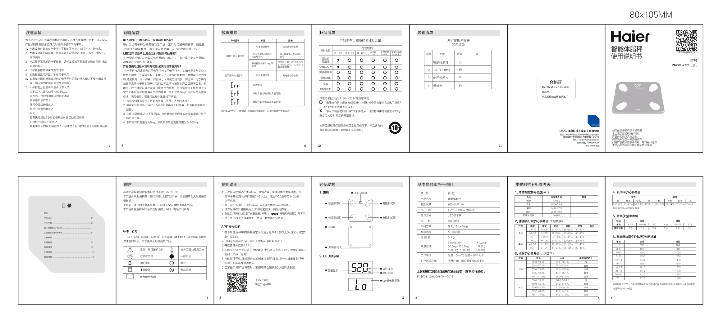 Haier海尔 智能提醒智能体脂秤 ZNC01-X226（白） 使用安装说明书