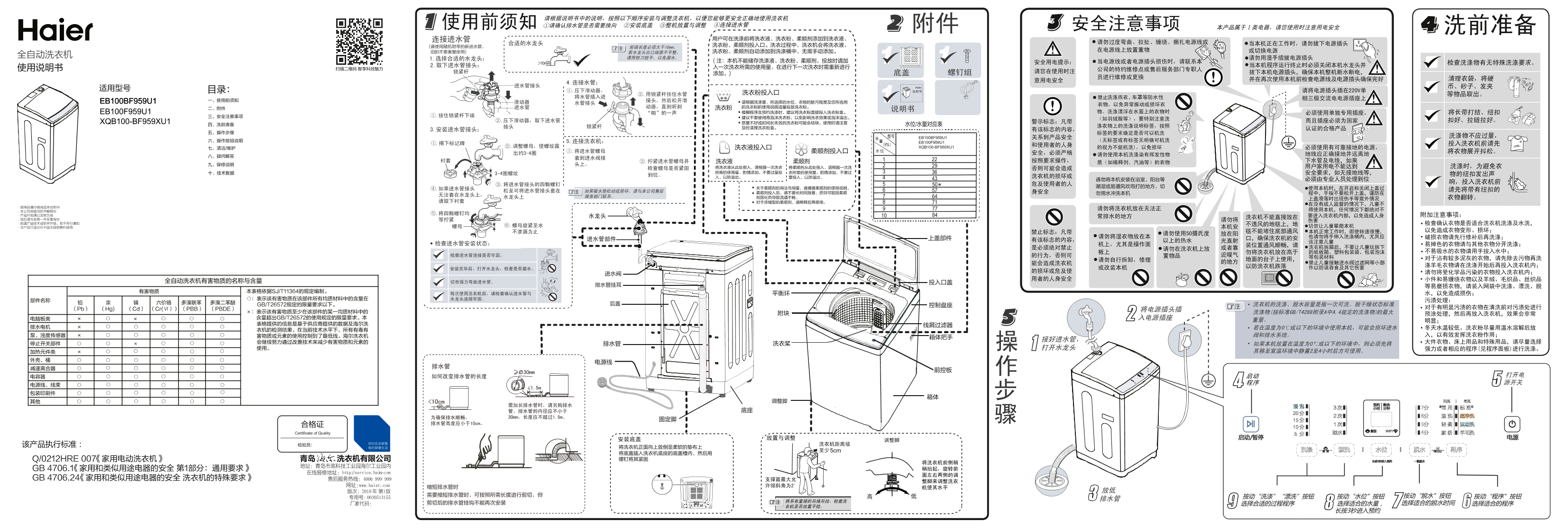 Haier海尔 10公斤幂动力变频波轮洗衣机 EB100BF959U1 使用安装说明书