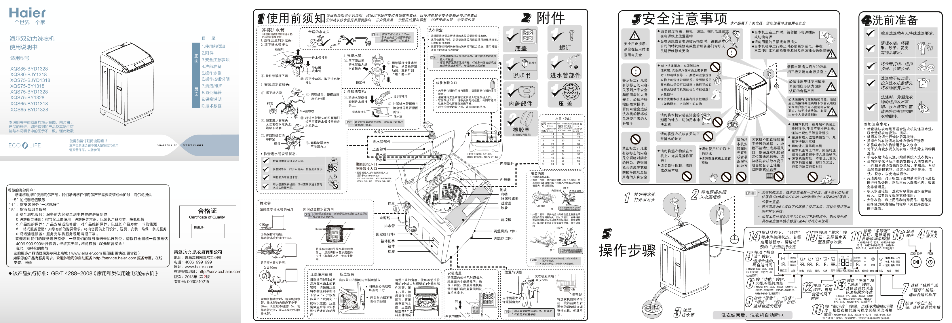 Haier海尔 7.5公斤双动力变频波轮洗衣机 XQS75-BYD1328 使用安装说明书