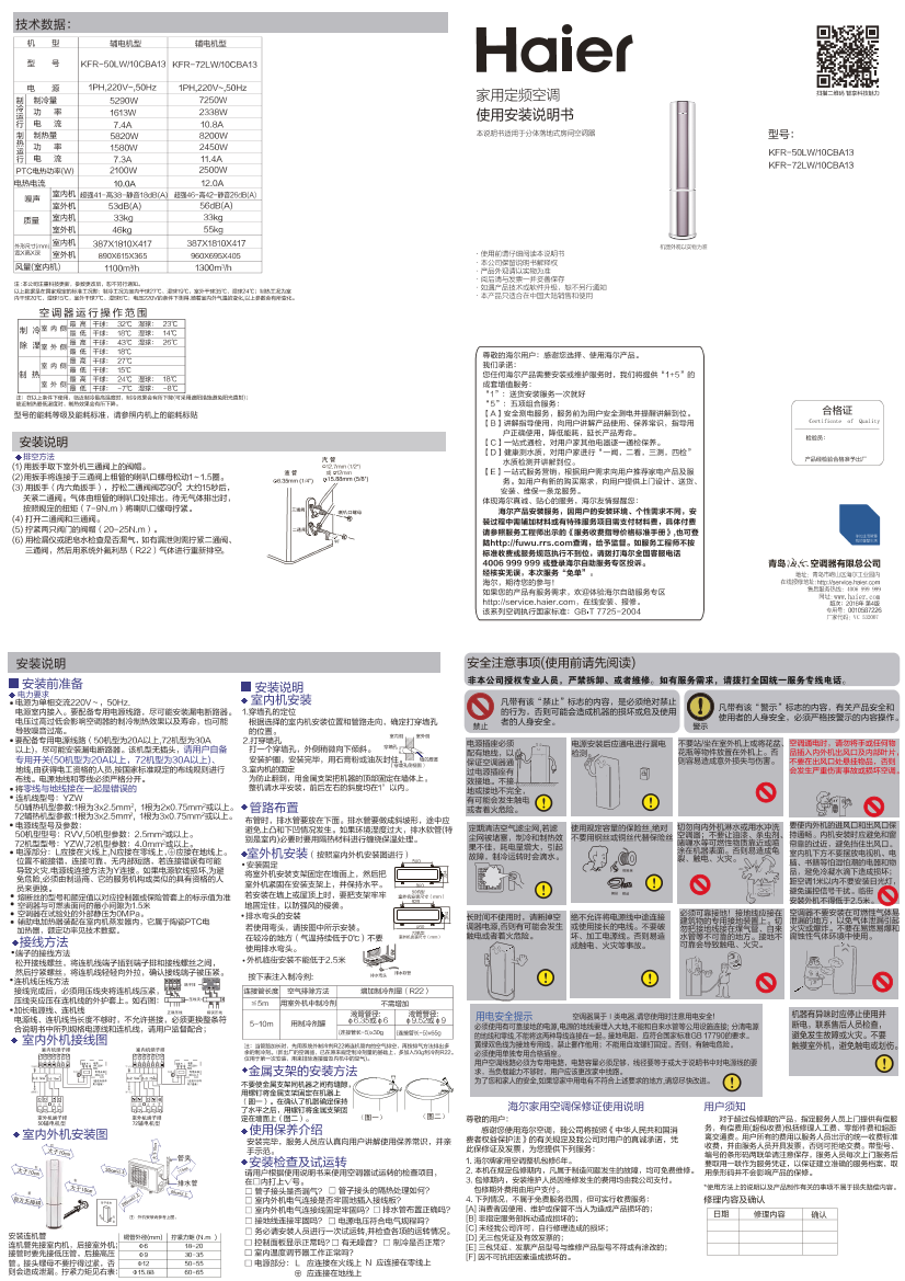 Haier海尔 帝樽·酷风系列3匹定频柜式空调 KFR-72LW 10CBA13 使用安装说明书