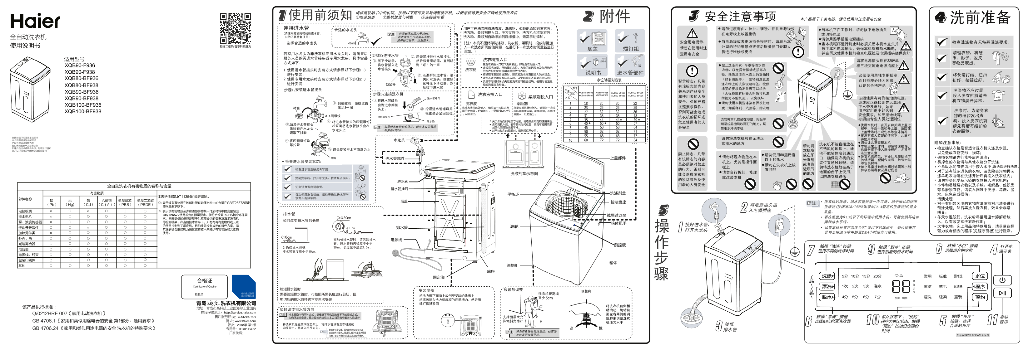 Haier海尔 9公斤幂动力波轮洗衣机 XQB90-BF938 使用安装说明书