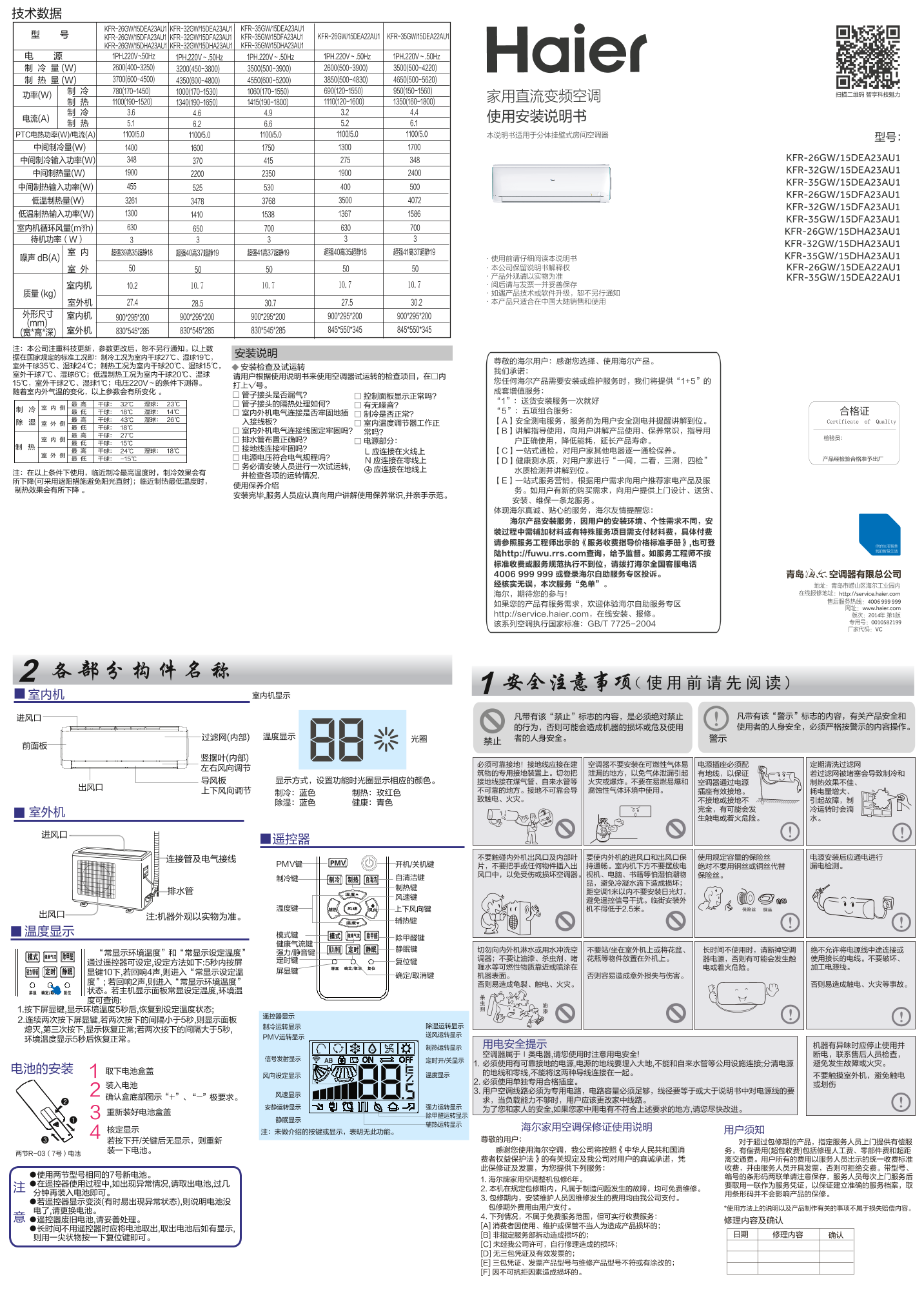 Haier海尔 劲铂1.5匹变频壁挂式空调 KFR-32GW 15DEA23A 使用安装说明书