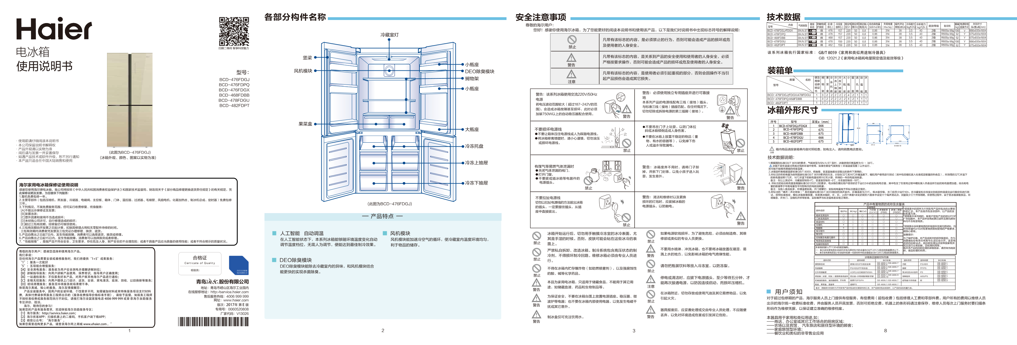 Haier海尔 476升匀冷定频十字对开门冰箱 BCD-476FDGX 使用安装说明书