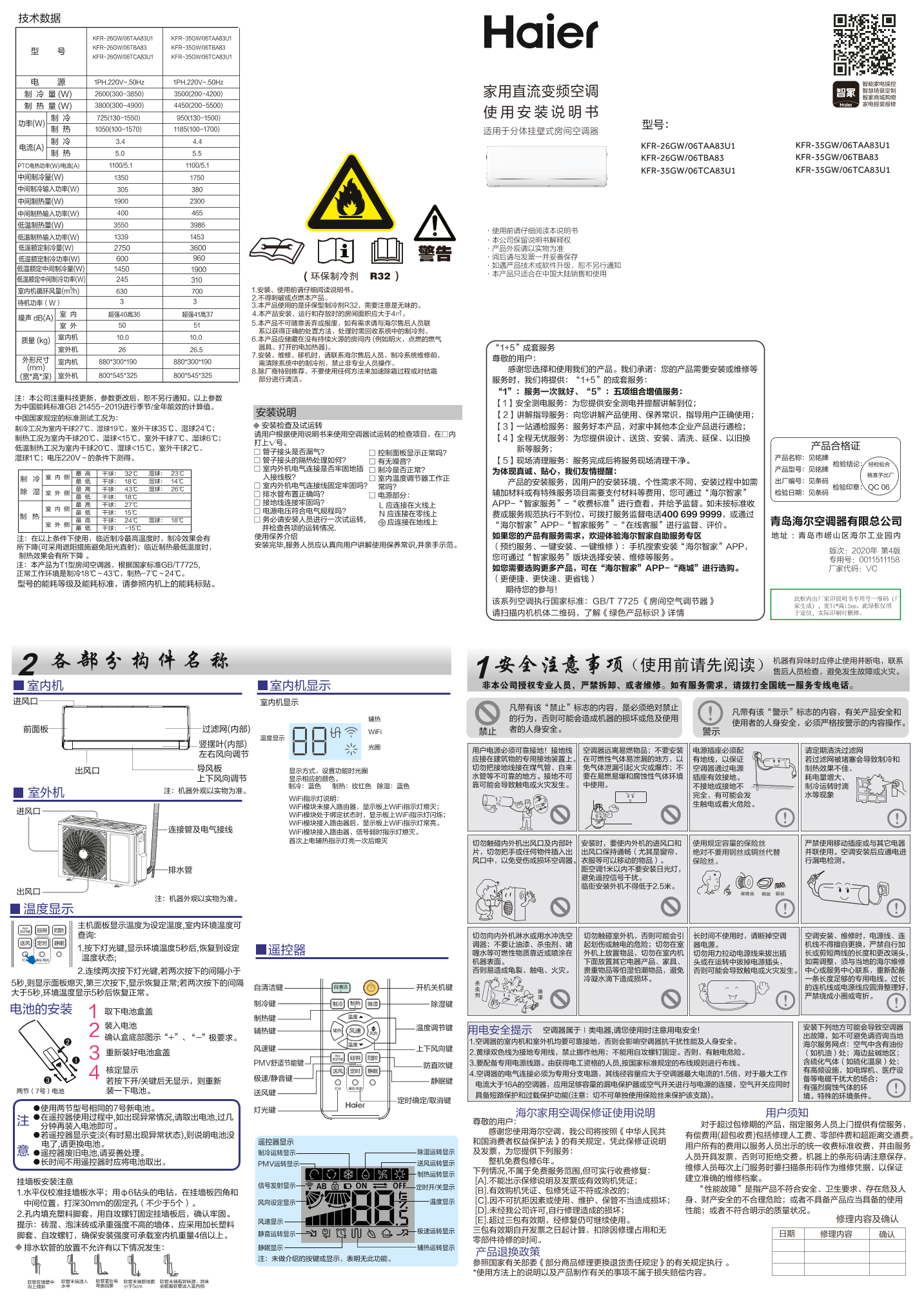 Haier海尔 瑞熙 1.5匹壁挂式变频空调 KFR-35GW 06TCA83U1 使用安装说明书