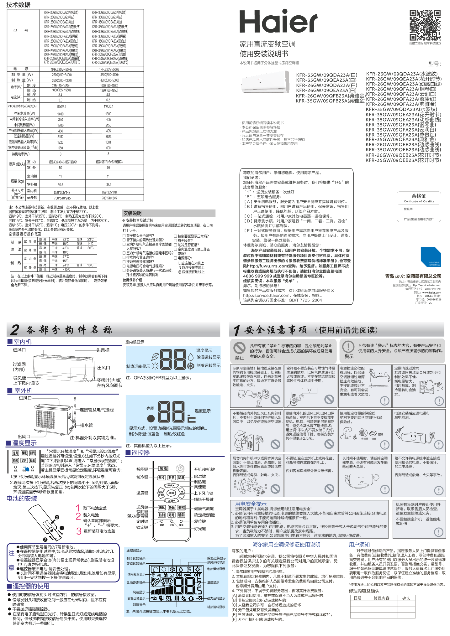 Haier海尔 超薄1.5匹变频壁挂式空调 KFR-35GW 09QEB23A(动感曲线) 使用安装说明书