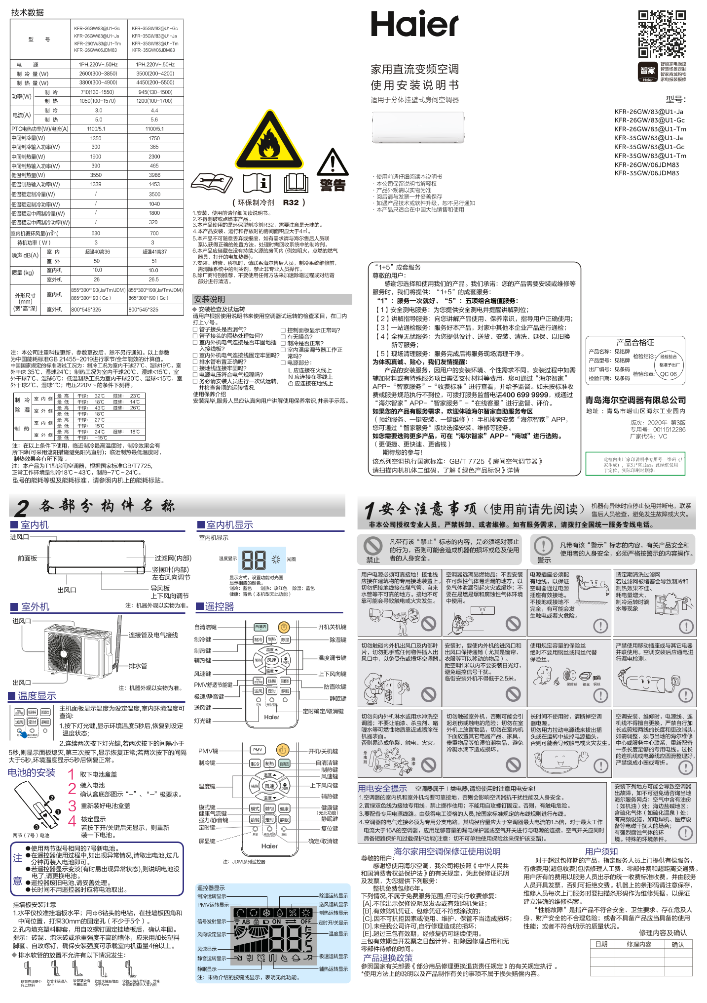 Haier海尔 节能风 1.5匹壁挂式变频空调 KFR-35GW 06JDM83 使用安装说明书