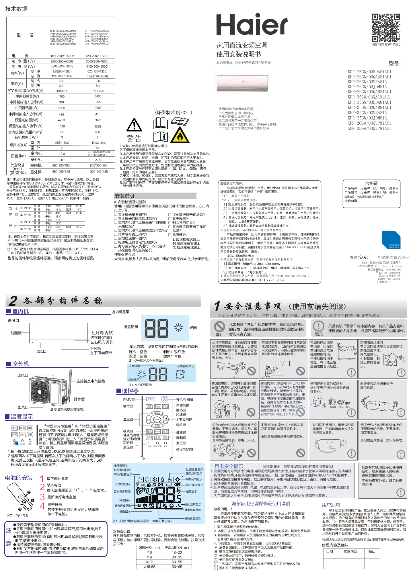 Haier海尔 节能风 1.5匹壁挂式变频空调 KFR-35GW 03QVP81AU1 使用安装说明书