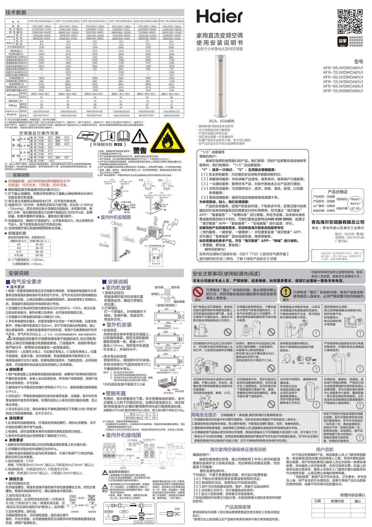 Haier海尔 静悦 3匹柜式变频空调 KFR-72LW 06KCA83U1 使用安装说明书