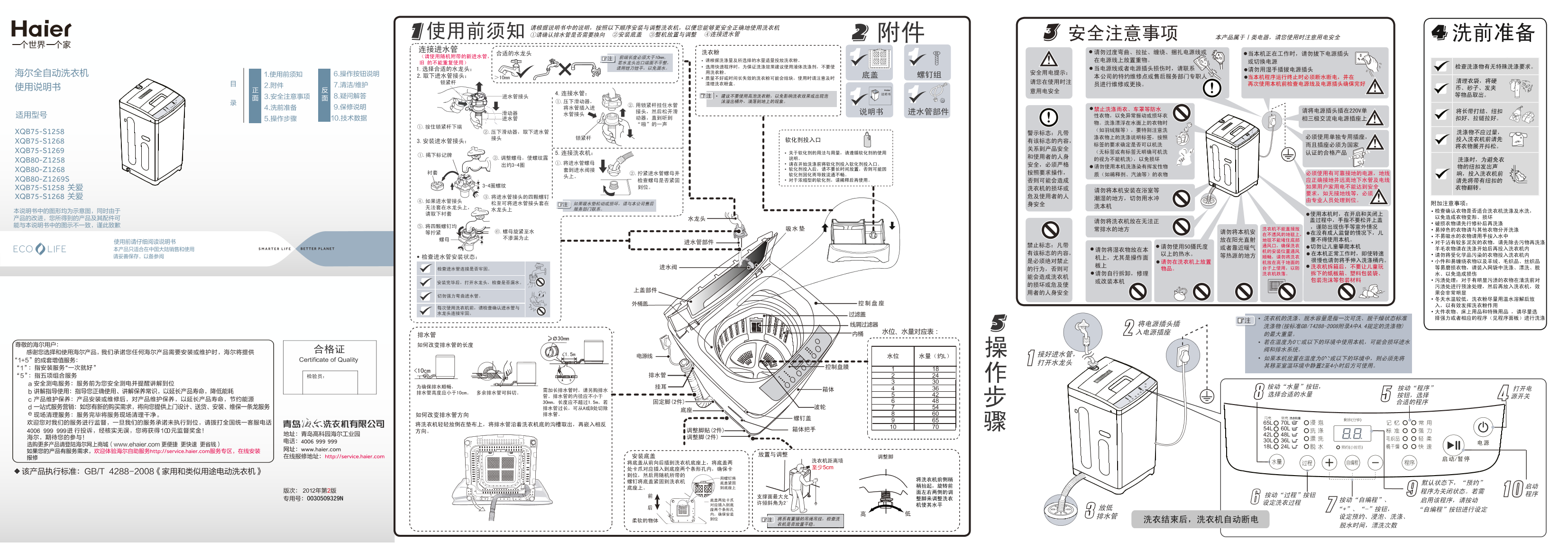 Haier海尔 7.5公斤手搓式波轮洗衣机 XQB75-S1268 使用安装说明书