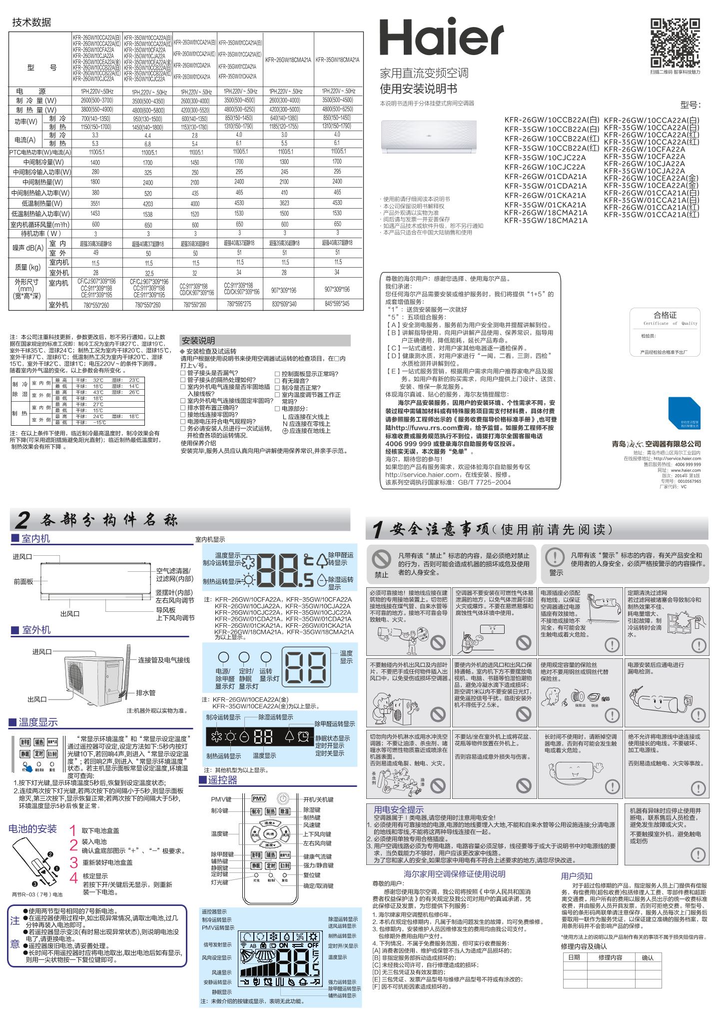 Haier海尔 帝铂大1匹无氟变频壁挂式空调 KFR-26GW 01CKA21A 使用安装说明书