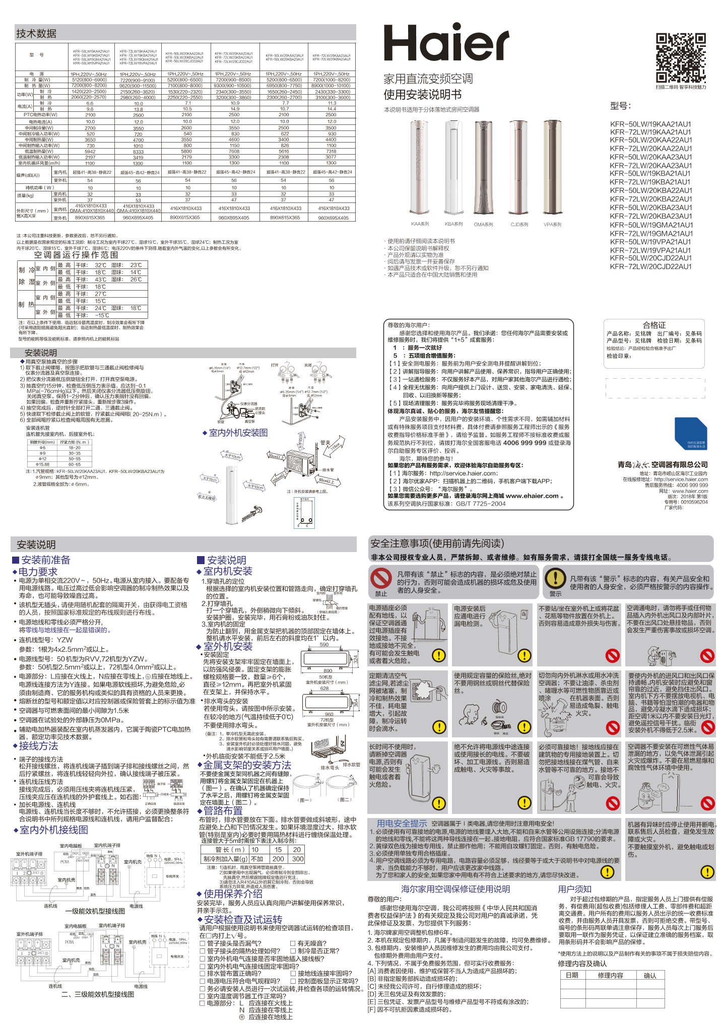 Haier海尔 CJ系列3匹变频柜式空调 KFR-72LW 20CJD22AU1 使用安装说明书