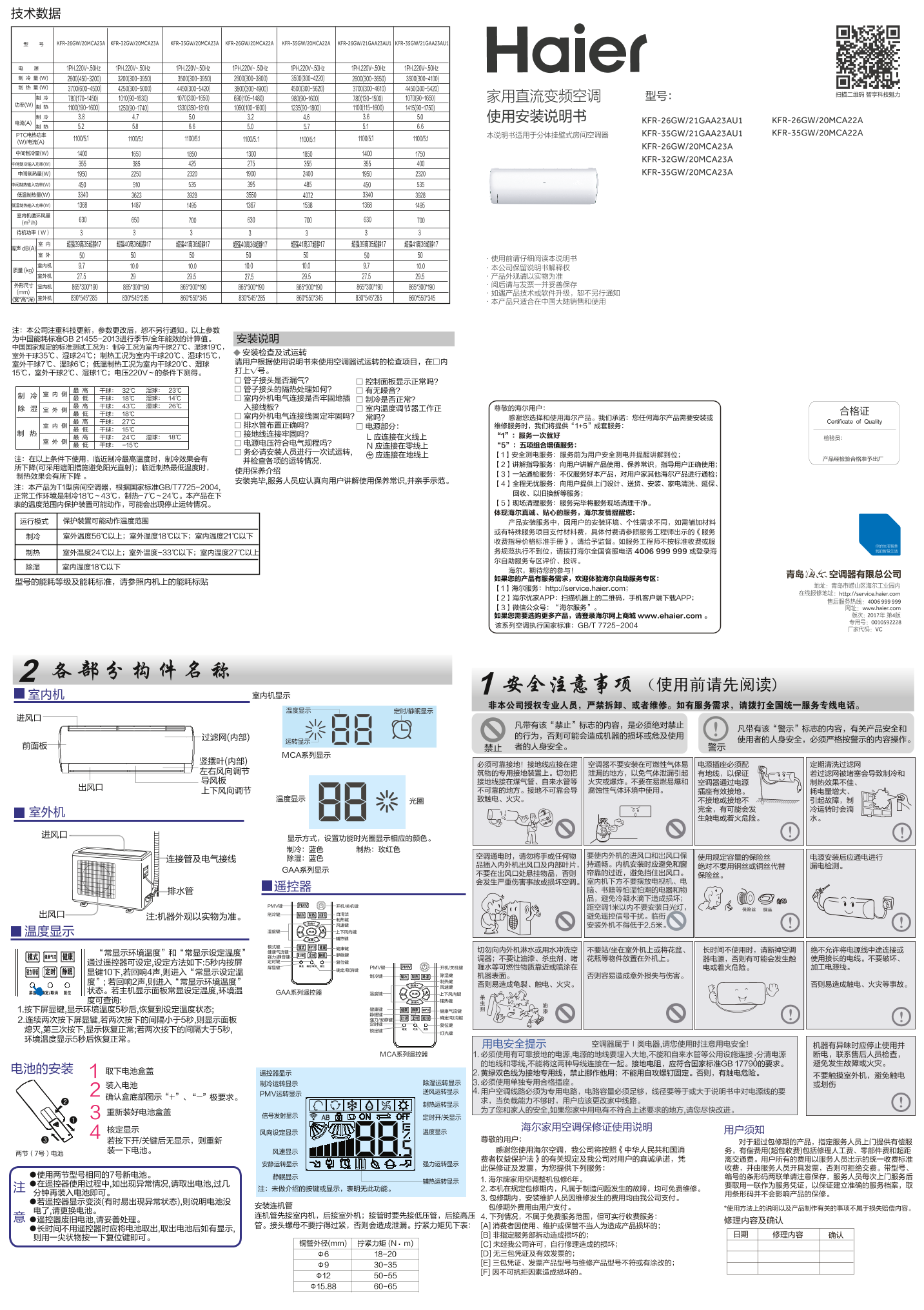 Haier海尔 劲风 小1.5匹壁挂式变频空调 KFR-32GW 20MCA23A 使用安装说明书