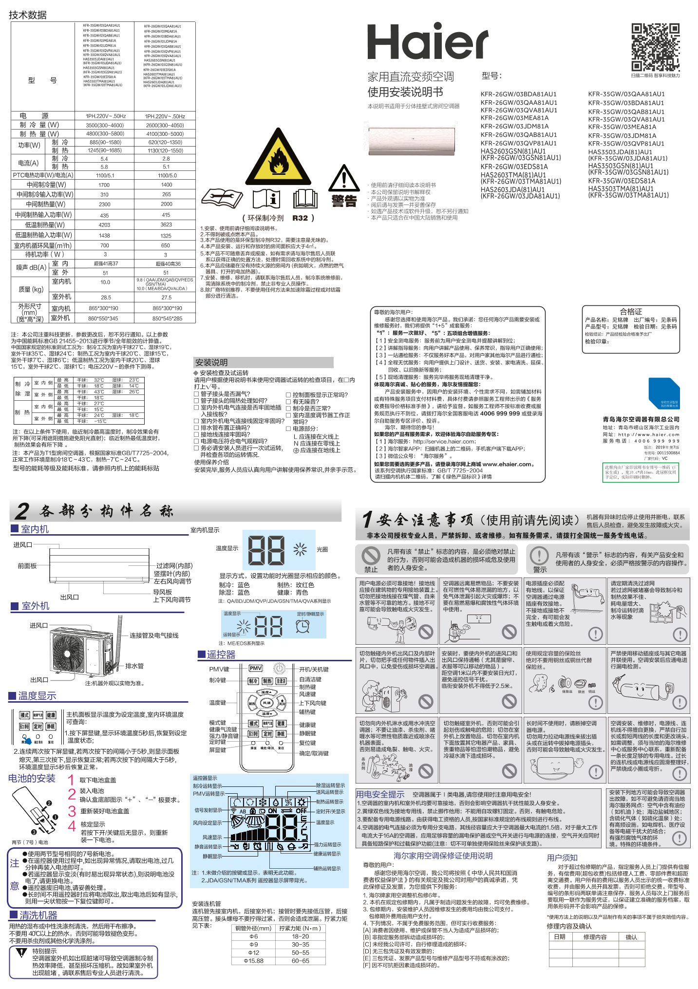 Haier海尔 节能风 1匹壁挂式变频空调 KFR-26GW 03QVA81AU1 使用安装说明书