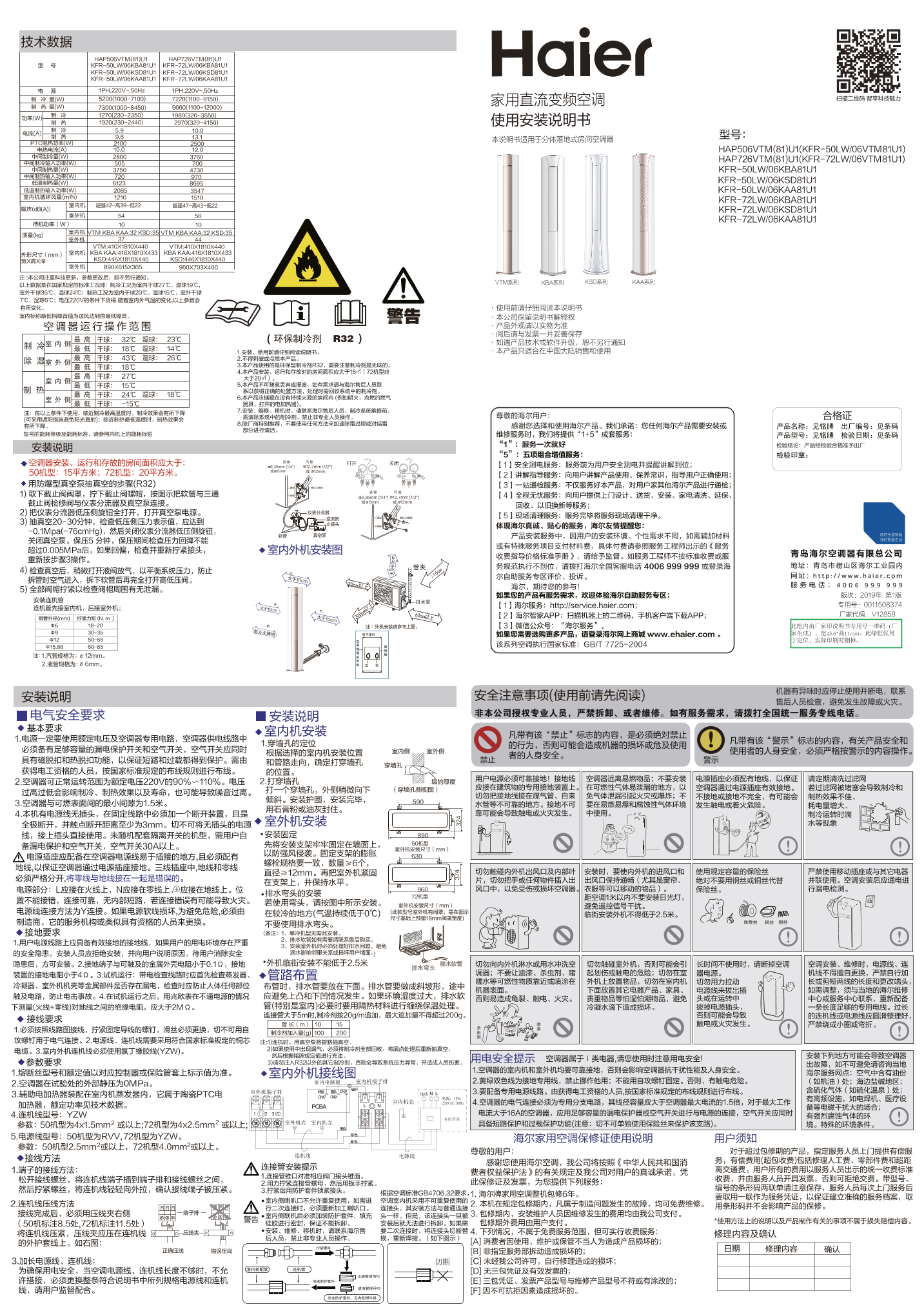 Haier海尔 节能风 3匹柜式变频空调 KFR-72LW 06KBA81U1 使用安装说明书