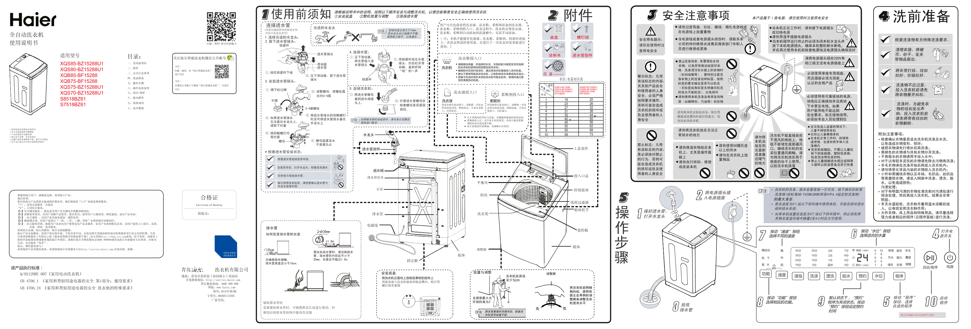 Haier海尔 7.5公斤双动力WiFi智控波轮洗衣机 XQS75-BZ15288U1 使用安装说明书