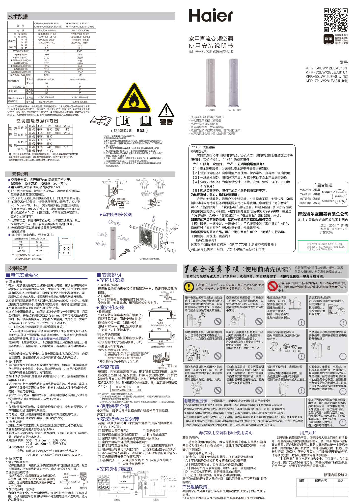 Haier海尔 雷神者 3匹柜式变频空调 KFR-72LW 28LEA81U1 使用安装说明书