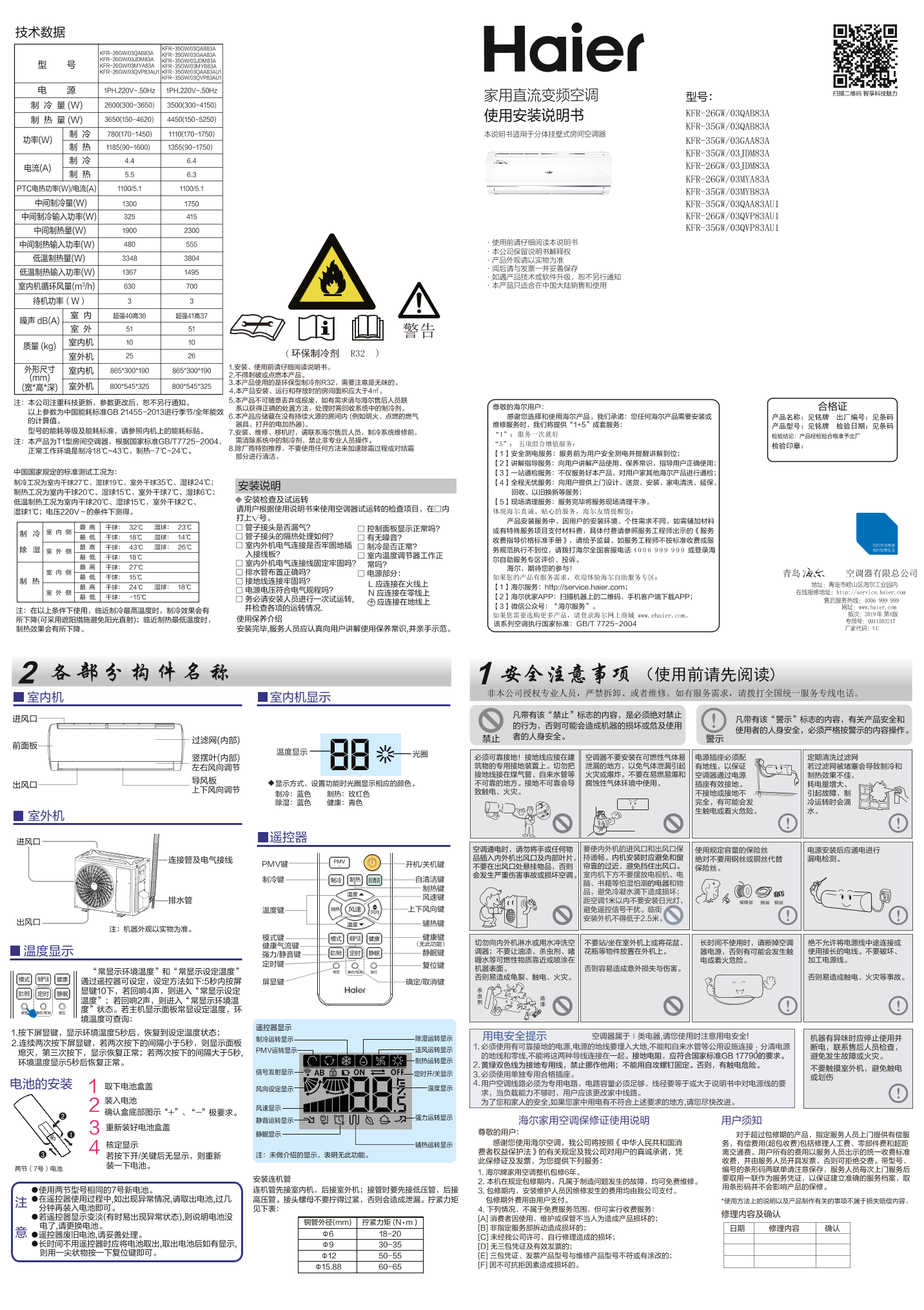 Haier海尔 节能风 1.5匹壁挂式变频空调 KFR-35GW 03QVP83AU1 使用安装说明书