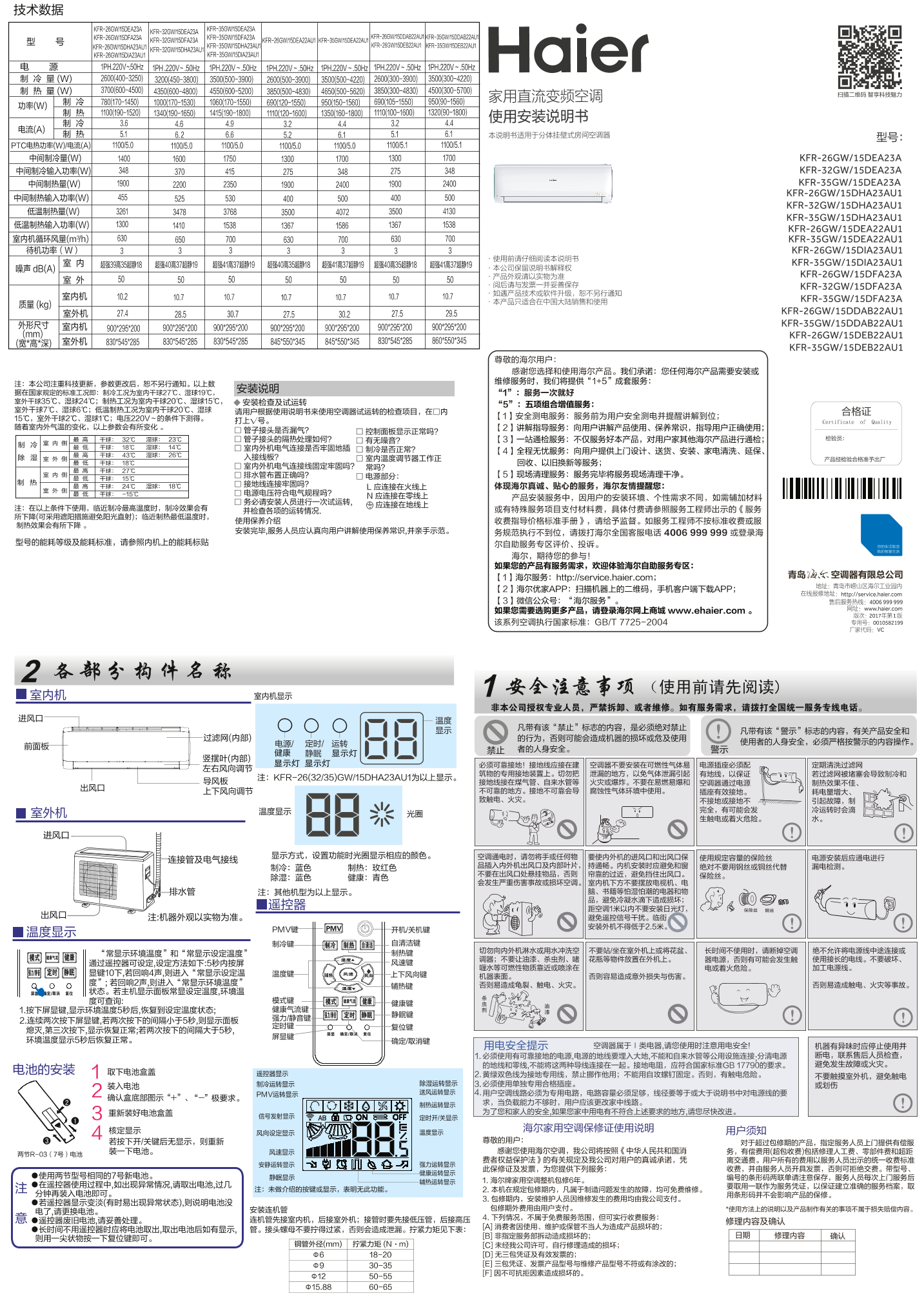 Haier海尔 劲铂 1.5匹壁挂式变频空调 KFR-35GW 15DEB22AU1 使用安装说明书