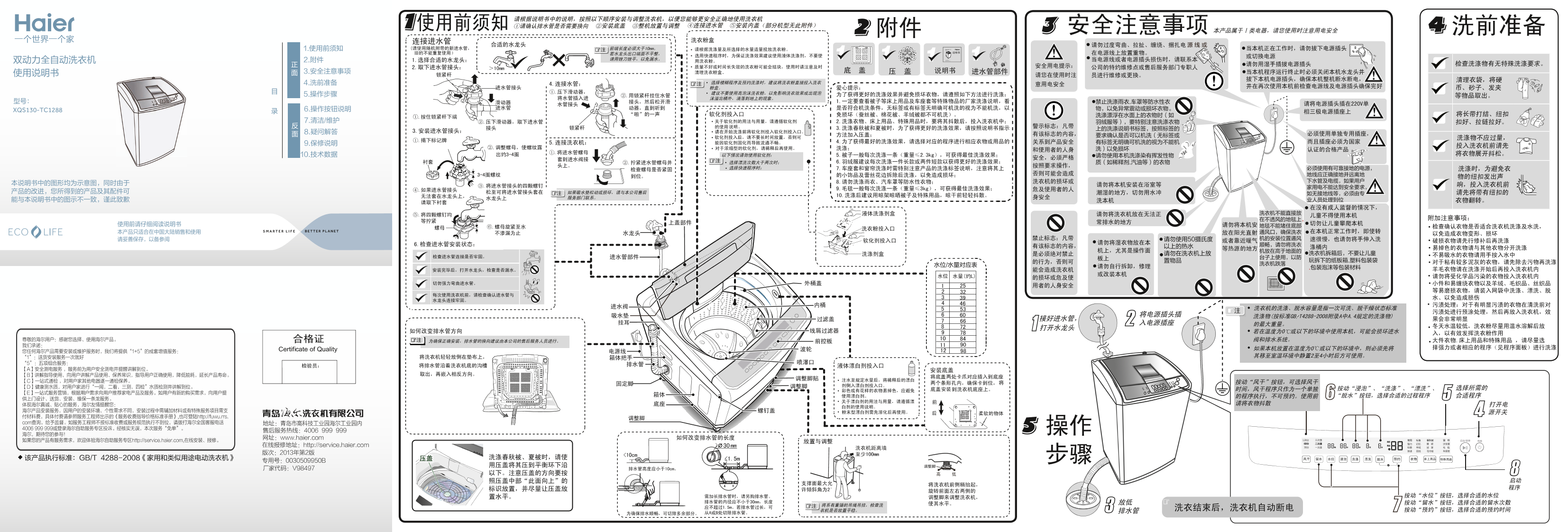 Haier海尔 13公斤美式衣被净双动力波轮洗衣机 XQS130-TC1288 使用安装说明书