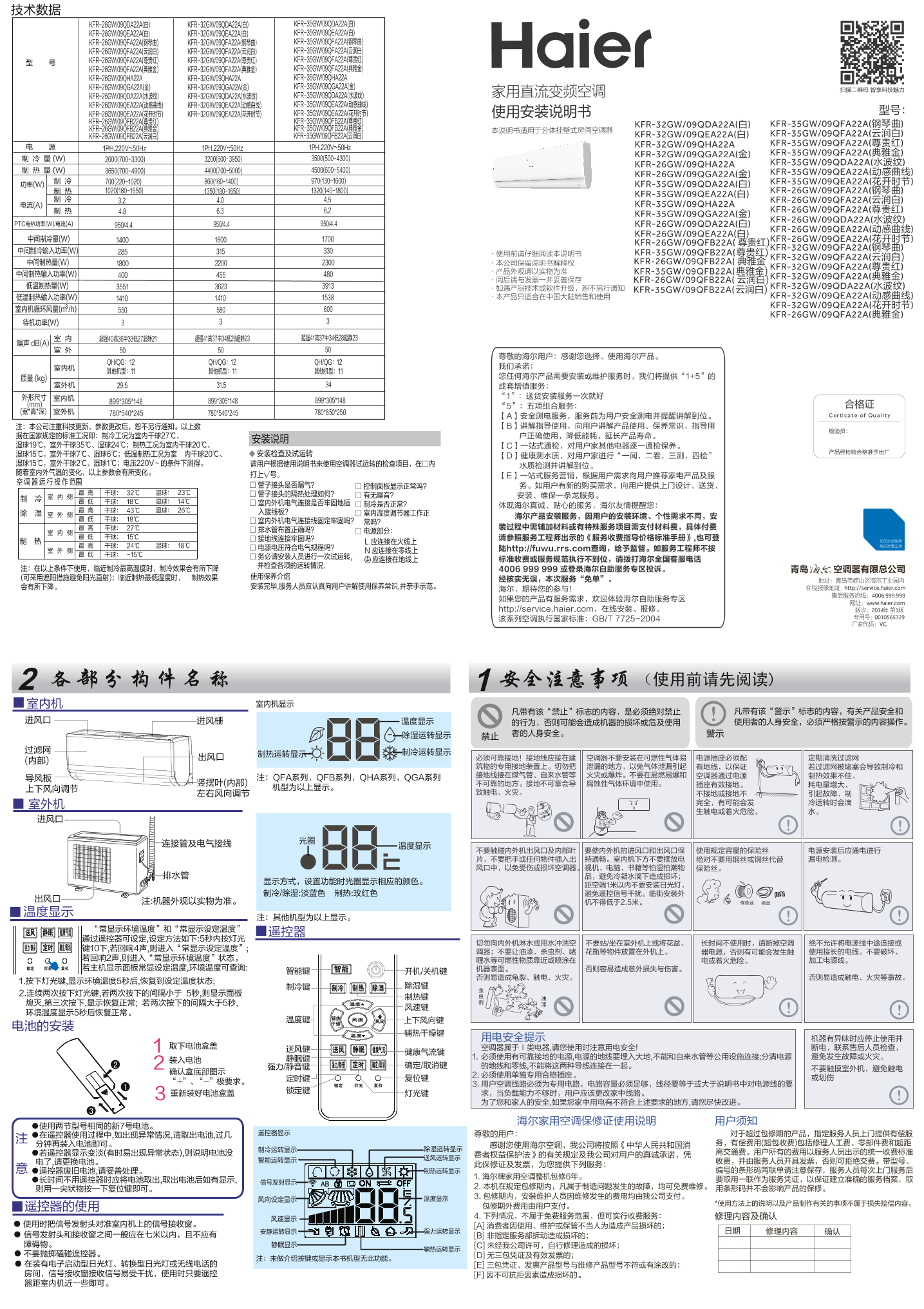 Haier海尔 超薄1匹变频壁挂式空调 KFR-26GW 09QFB22A(云润白) 使用安装说明书