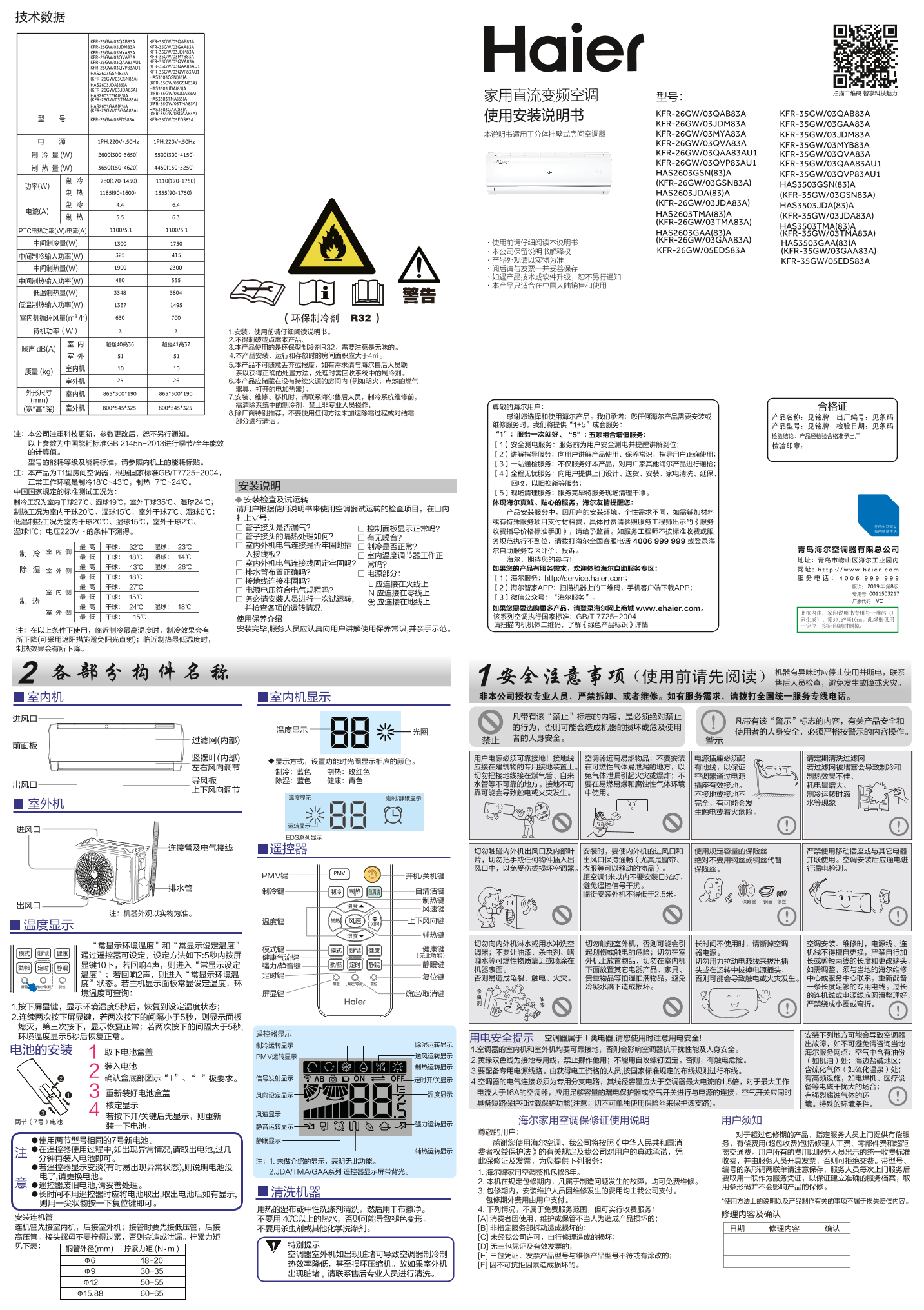 Haier海尔 节能风 1匹壁挂式变频空调 KFR-26GW 03QAA83AU1 使用安装说明书