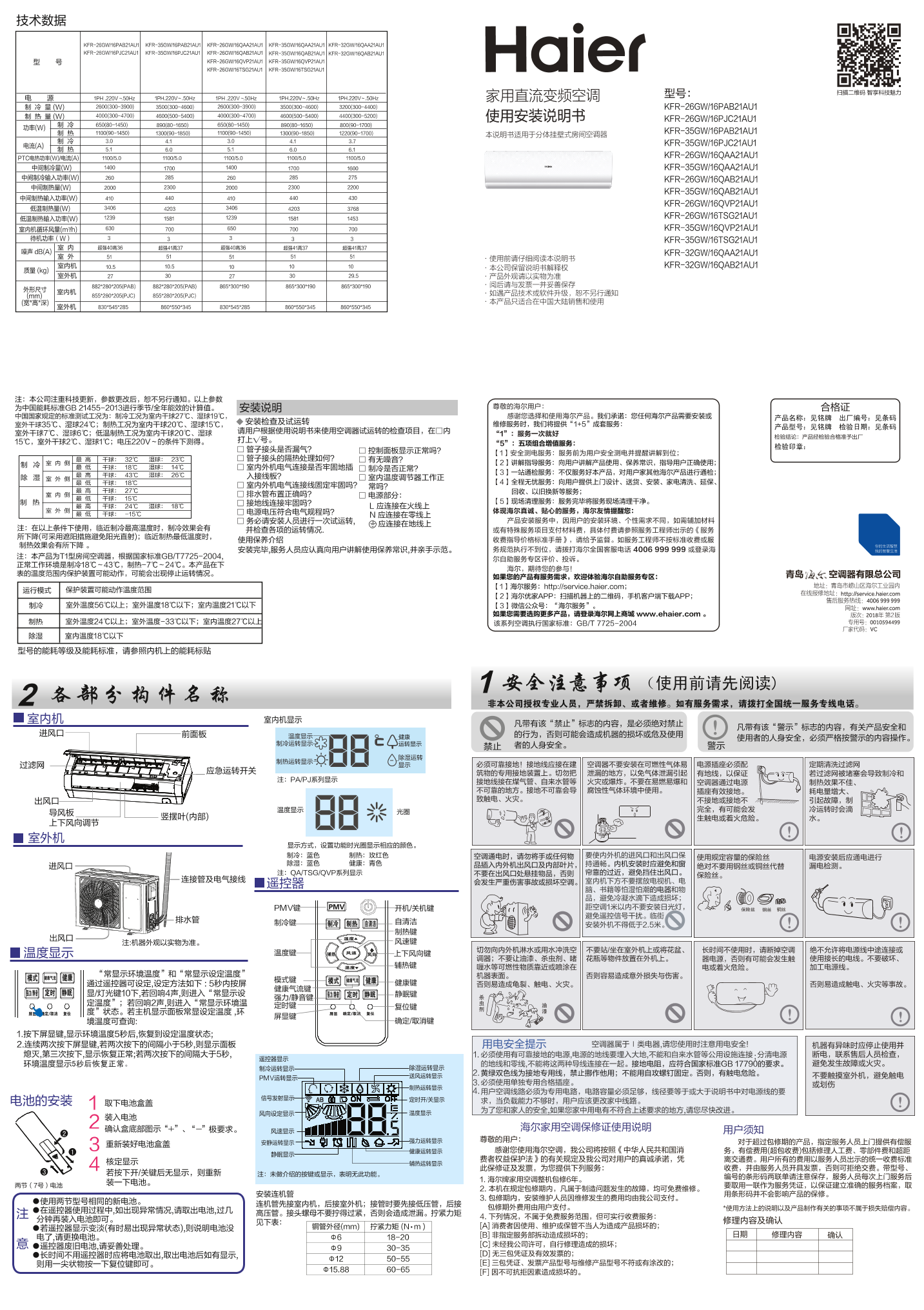 Haier海尔 劲风 1.5匹壁挂式变频空调 KFR-35GW 16PAB21AU1 使用安装说明书