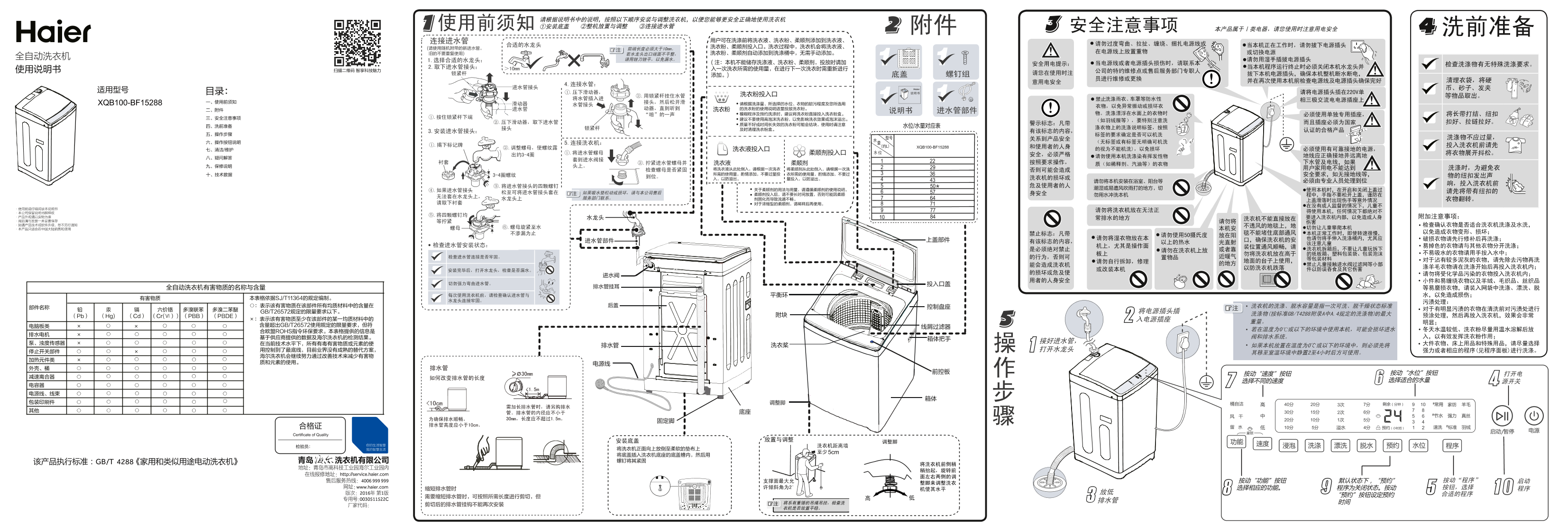 Haier海尔 10公斤手搓式变频波轮洗衣机 XQB100-BF15288 使用安装说明书