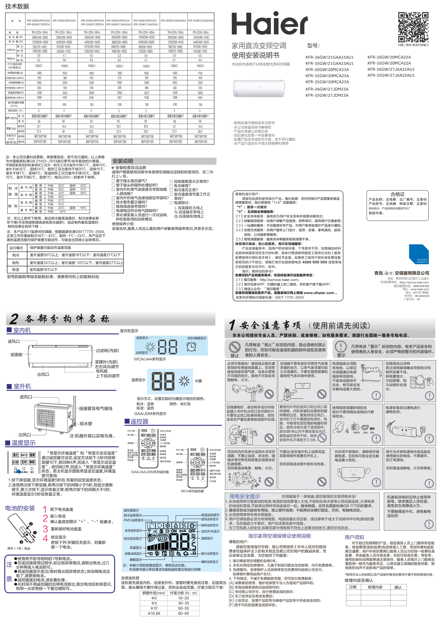 Haier海尔 节能风 1.5匹壁挂式变频空调 KFR-35GW 27JDM23A 使用安装说明书