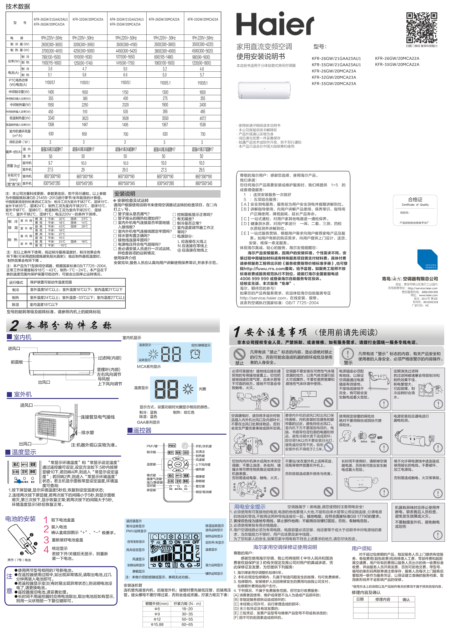 Haier海尔 悦+大1匹变频壁挂式空调 KFR-26GW 21GAA23AU1 使用安装说明书