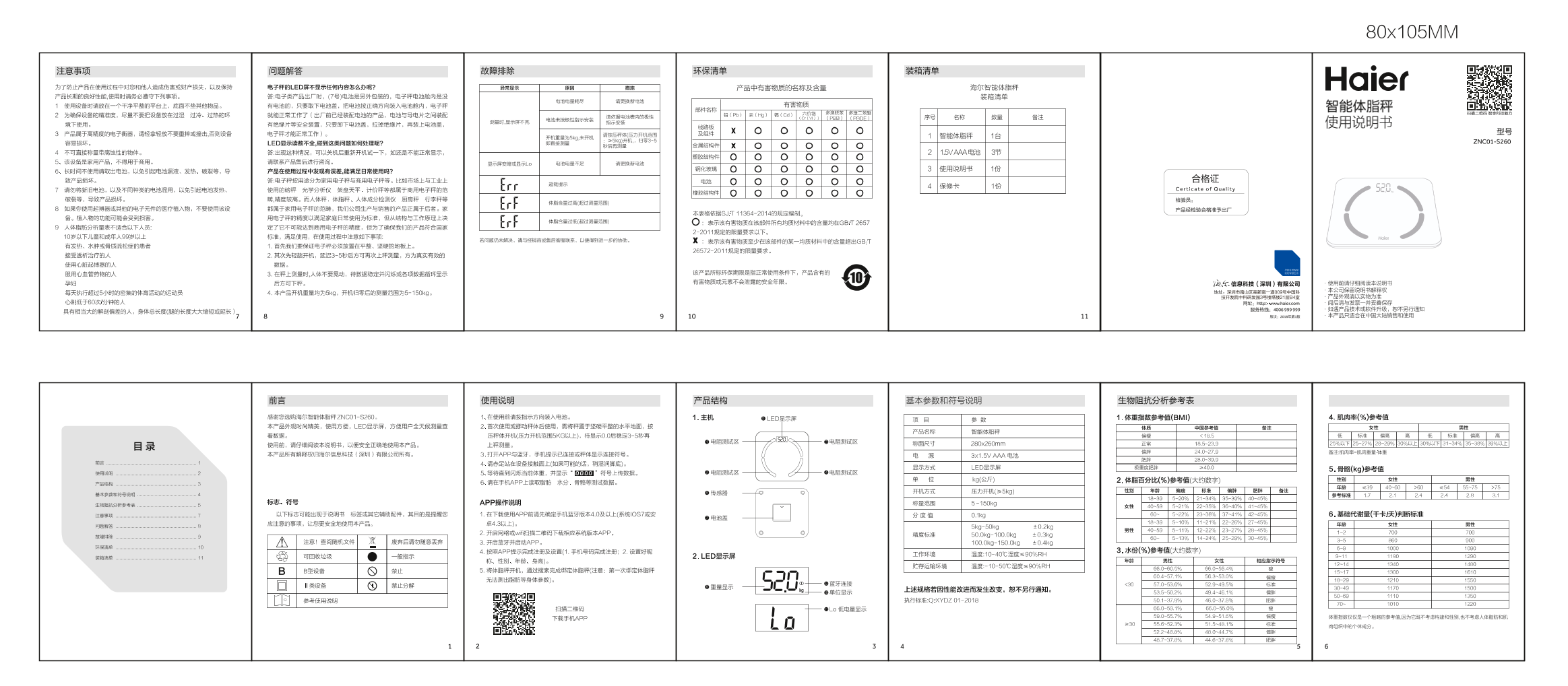 Haier海尔 轻薄智能体脂秤 ZNC01-S260 使用安装说明书