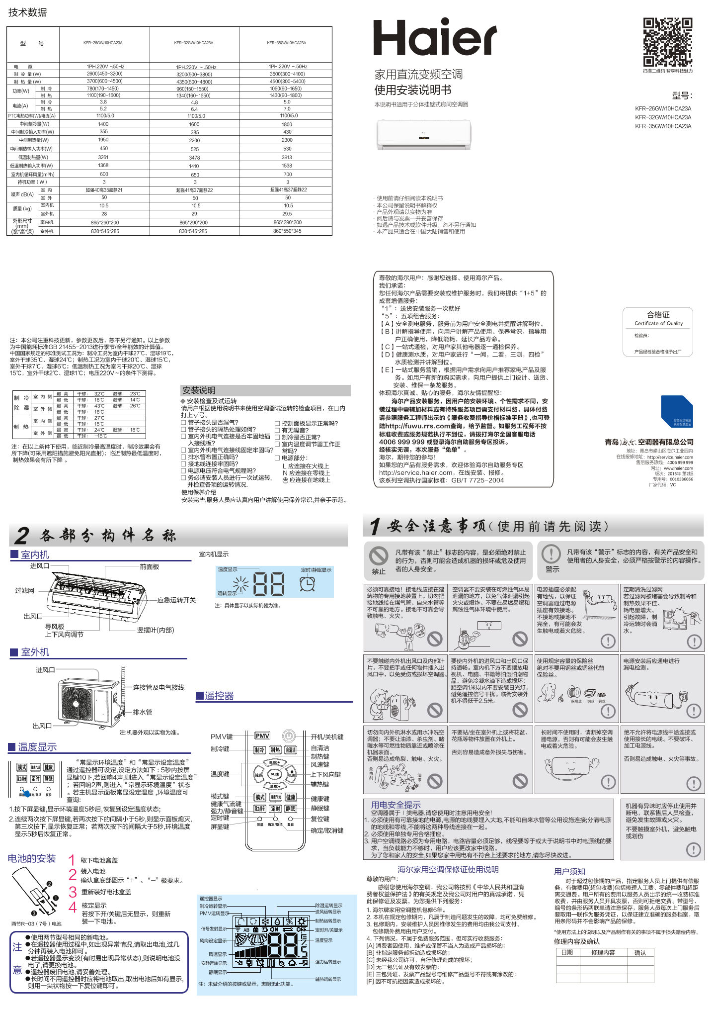 Haier海尔 HC系列小1.5匹变频壁挂式空调 KFR-32GW 10HCA23A 使用安装说明书