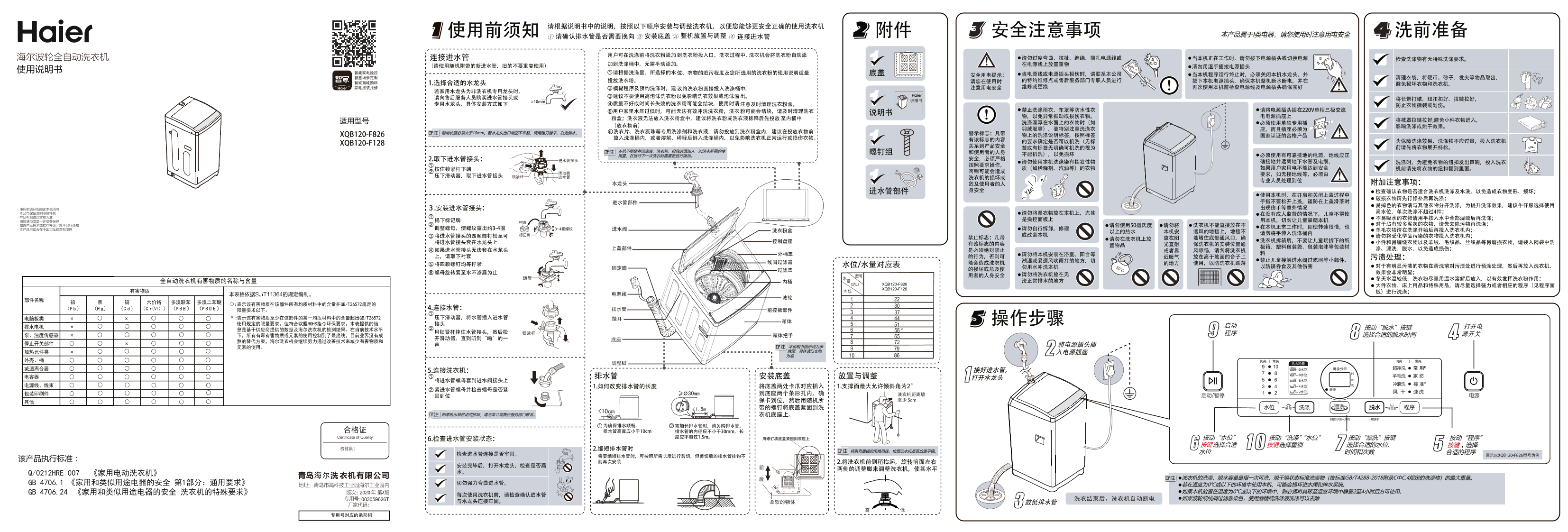 Haier海尔 12公斤波轮洗衣机 XQB120-F128 使用安装说明书