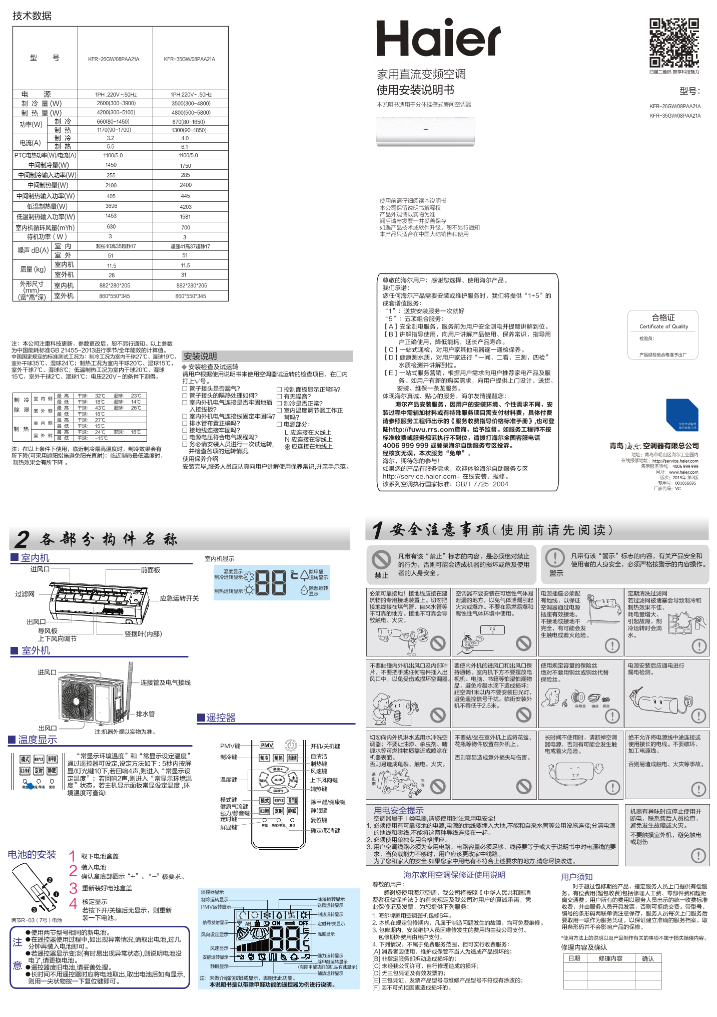 Haier海尔 劲风 1.5匹壁挂式变频空调 KFR-35GW 08PAA21A 使用安装说明书