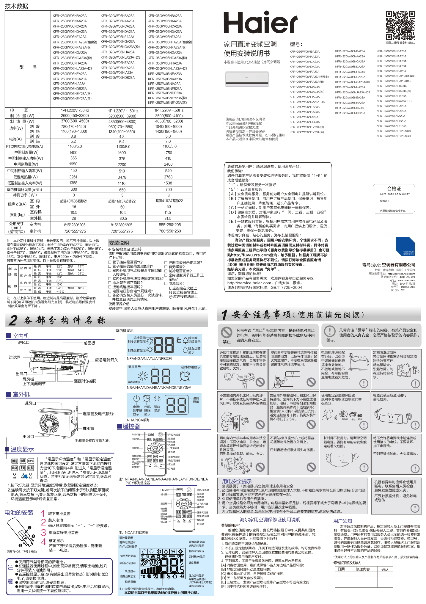 Haier海尔 ND系列1匹变频壁挂式空调 KFR-26GW 06NDB23A 使用安装说明书