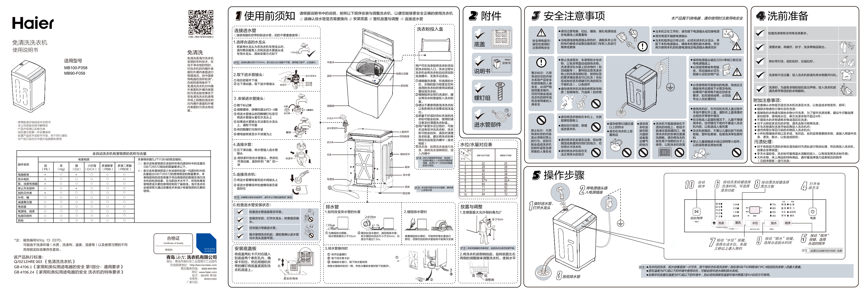 Haier海尔 9公斤免清洗波轮洗衣机 MB90-F058 使用安装说明书