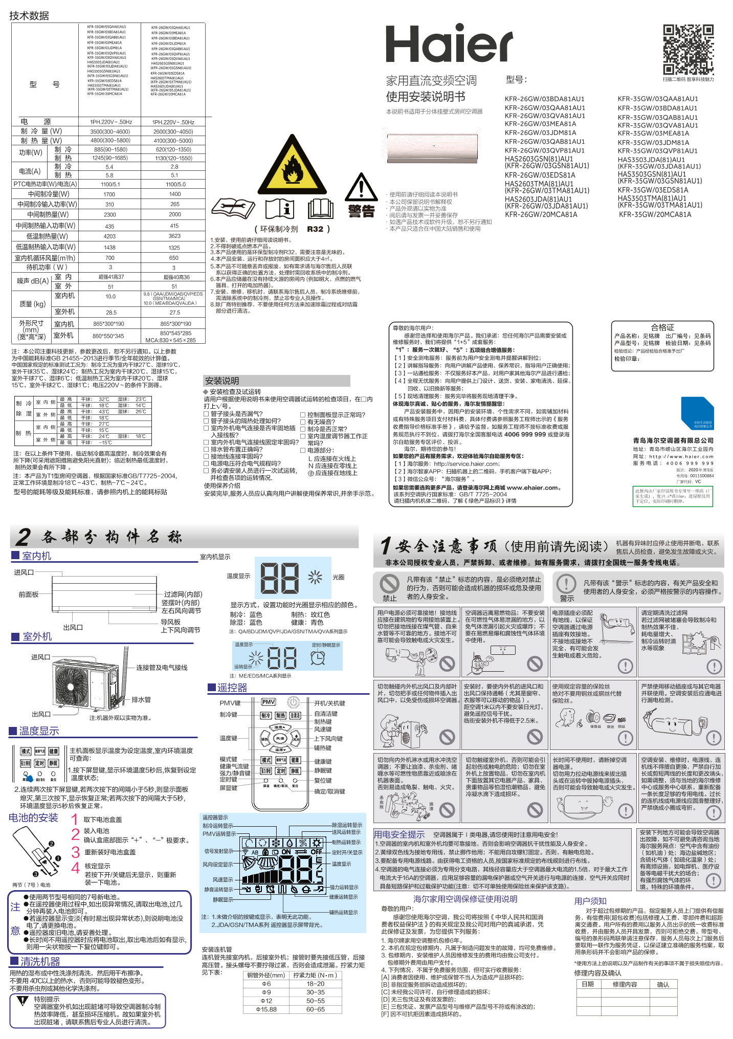 Haier海尔 节能风 1匹壁挂式变频空调 KFR-26GW 20MCA81A 使用安装说明书