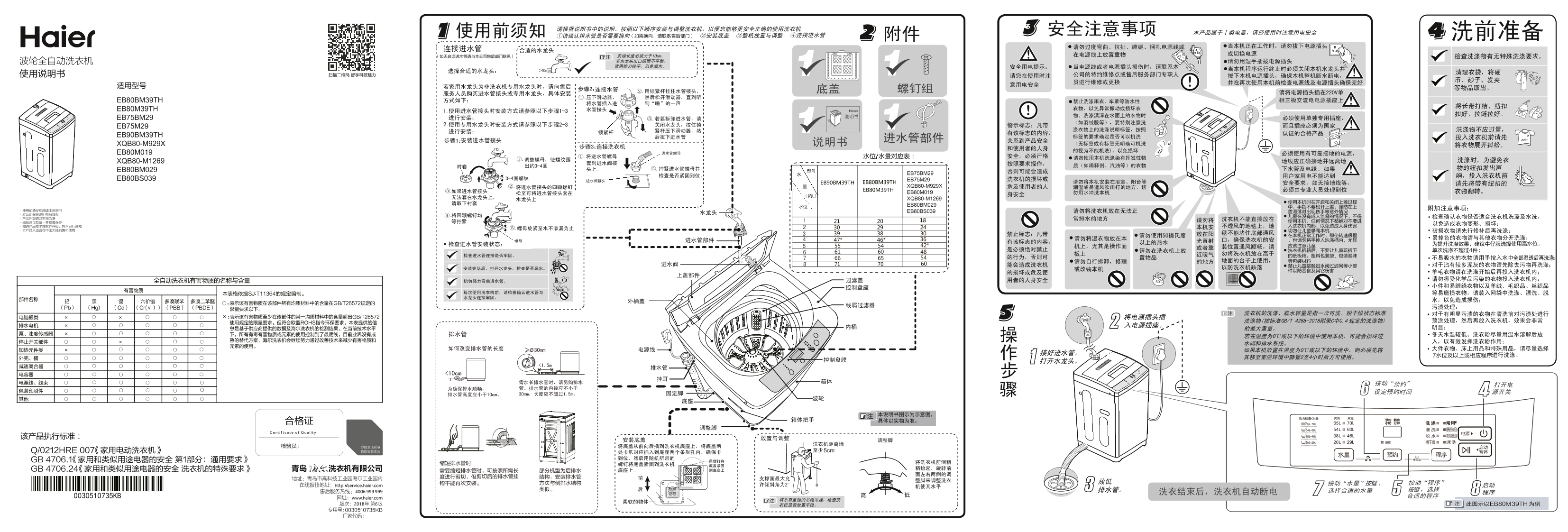 Haier海尔 8公斤全自动波轮洗衣机 EB80BM029 使用安装说明书