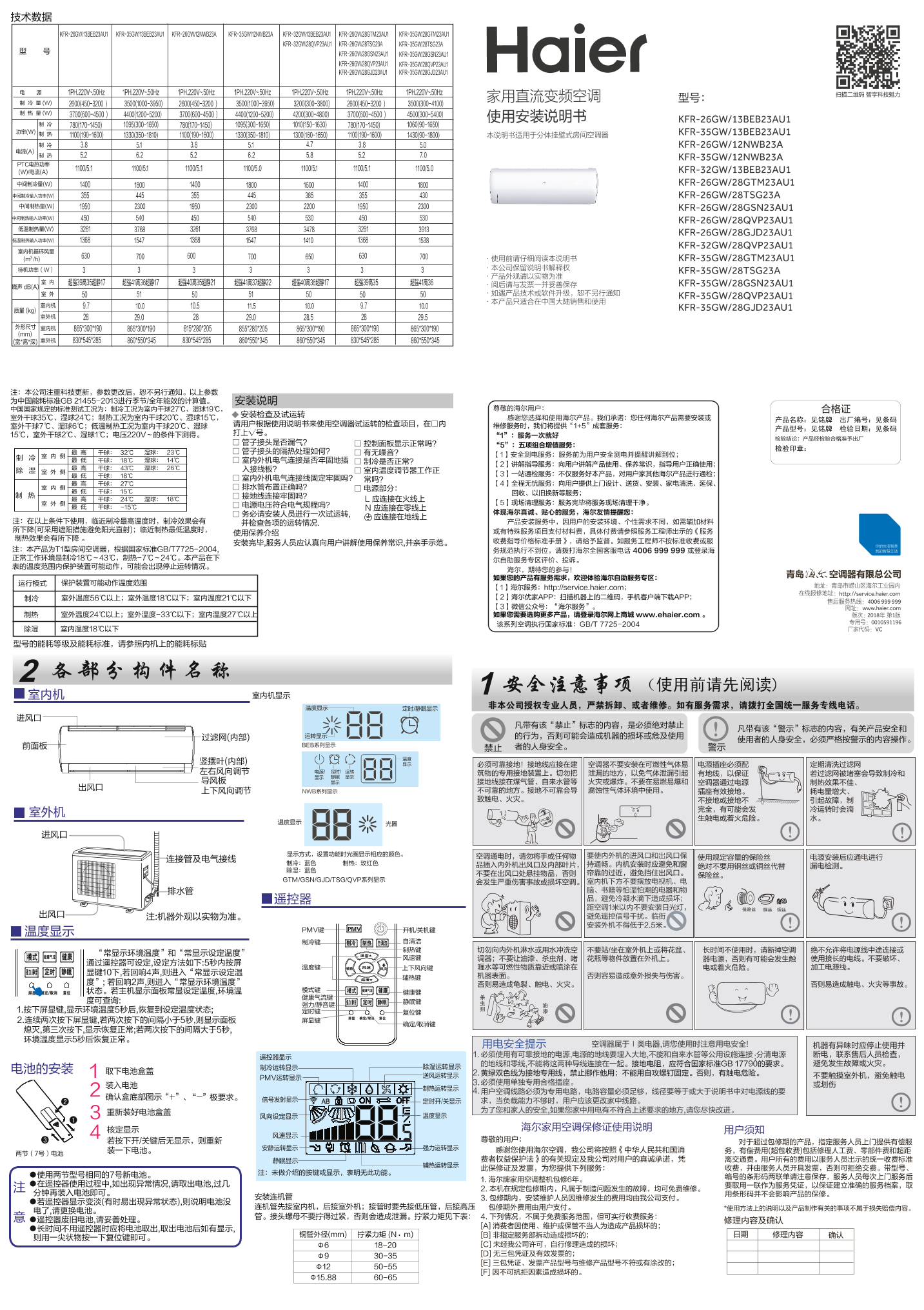 Haier 海尔 节能风 1匹壁挂式变频空调 KFR-26GW 13BEB23AU1 使用安装说明书