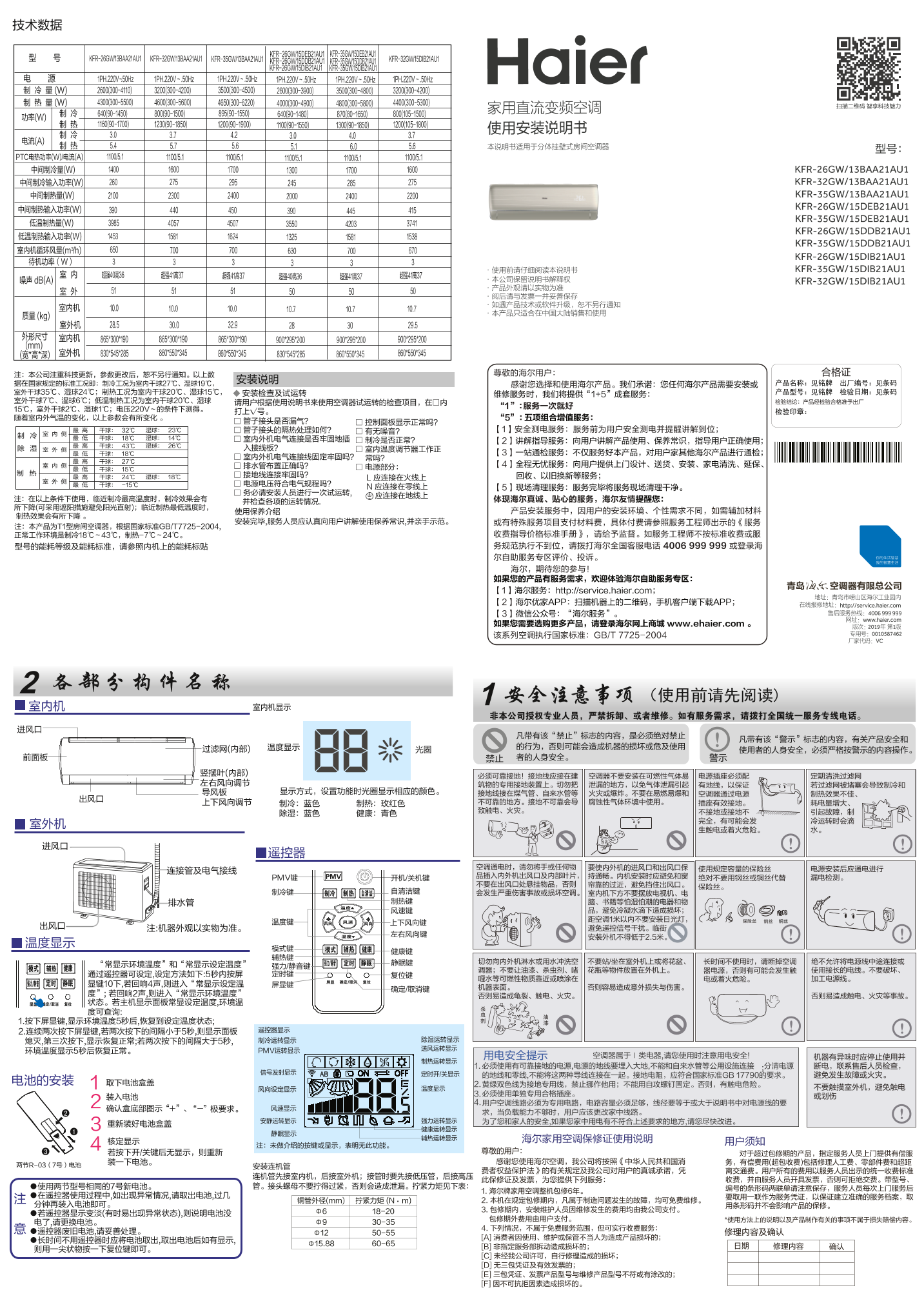 Haier 海尔 节能风 1.5匹壁挂式变频空调 KFR-35GW 13BAA21AU1 使用安装说明书