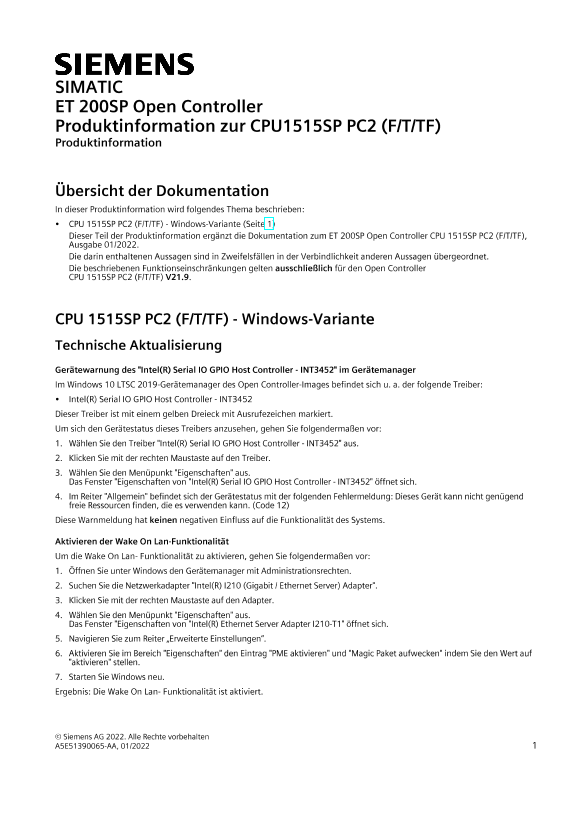 Siemens 西门子工业 SIMATIC ET 200SP 开放式控制器 CPU 1515SP PC2 (F T TF) 产品信息 SIMATIC ET 200SP 开放式控制器 CPU 1515SP PC2 (F T TF) 产品信息 使用手册